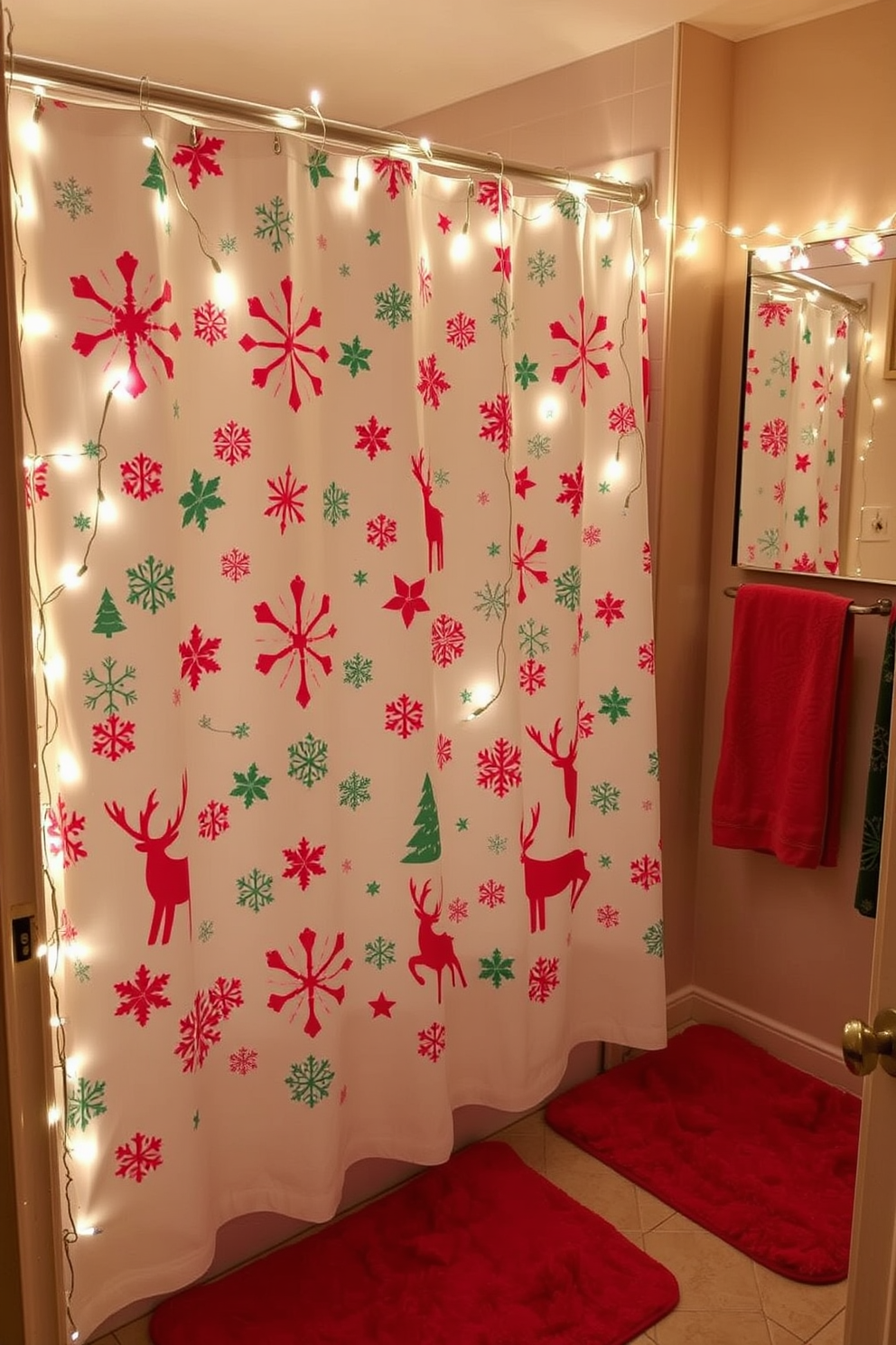 A festive shower curtain adorned with vibrant holiday prints, featuring snowflakes and reindeer, hangs gracefully in a cozy bathroom. The space is enhanced with twinkling fairy lights draped around the mirror and a plush red bath mat on the floor, creating a warm and inviting atmosphere for the season.