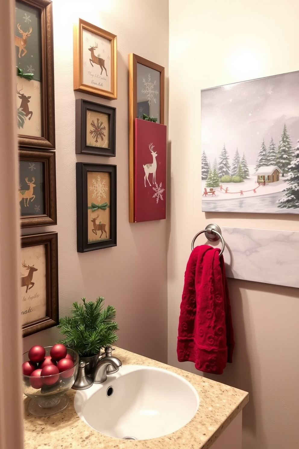 A cozy bathroom adorned with Christmas-themed wall art featuring festive prints of snowflakes and reindeer. The walls are decorated with a mix of framed holiday illustrations and a large canvas depicting a winter scene, creating a warm and inviting atmosphere. The countertop is adorned with a small evergreen arrangement and a decorative bowl filled with ornaments. Soft, fluffy towels in rich red and green hues hang from the towel rack, adding a touch of holiday cheer to the space.