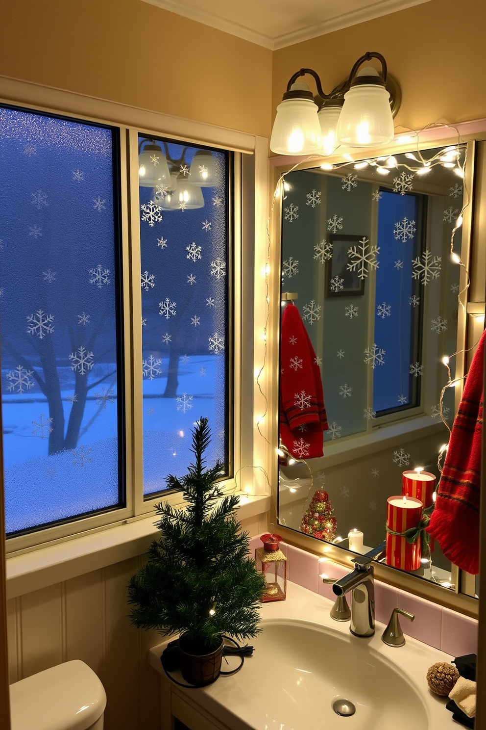 A cozy bathroom adorned with snowflake window clings that shimmer in the winter light. The clings create a whimsical atmosphere, complementing the frosty view outside. Festive decorations bring holiday cheer to the bathroom, featuring a small evergreen tree on the countertop. Strands of twinkling lights wrap around the mirror, and red and gold accents add warmth to the space.