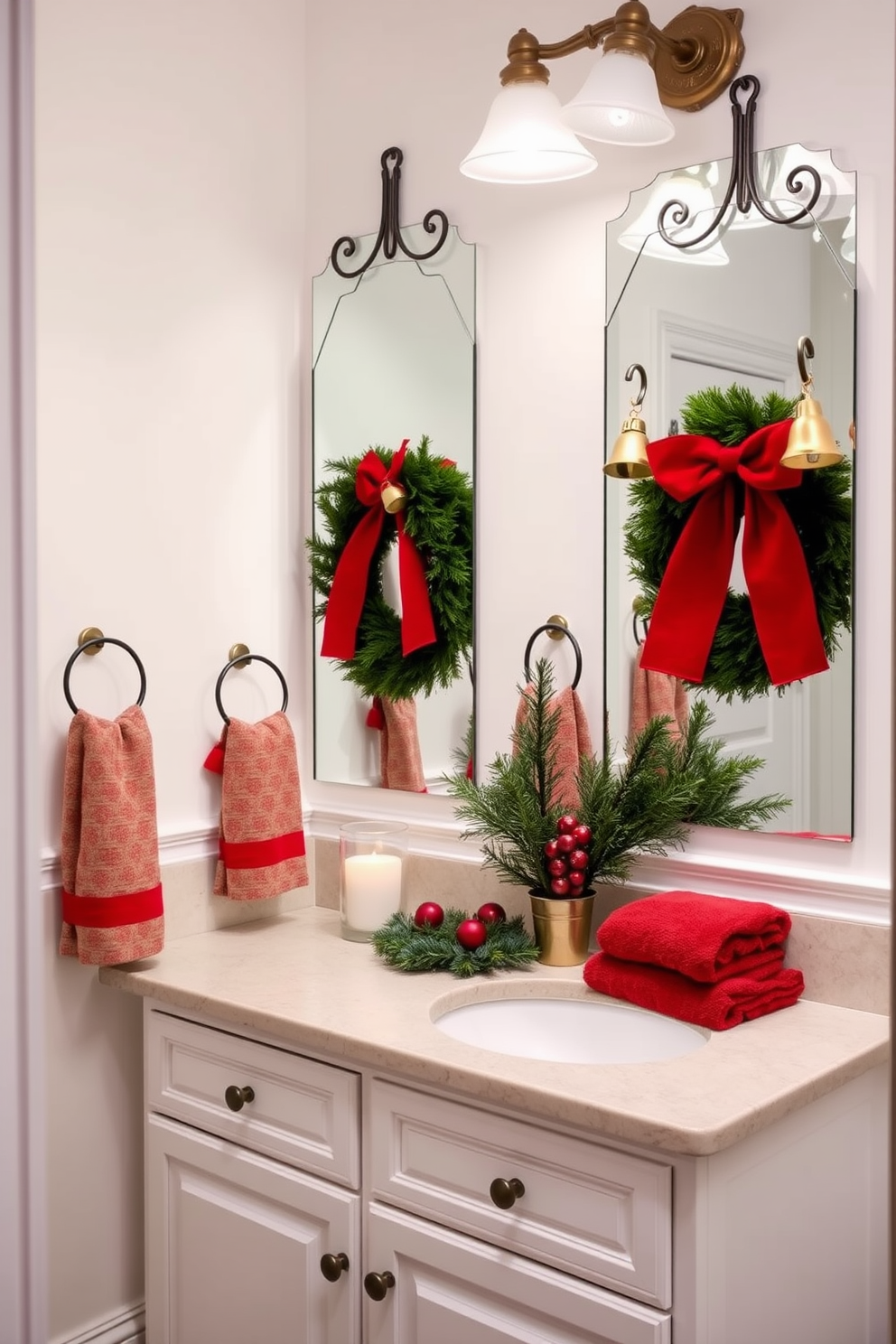 A festive bathroom adorned with jingle bell ornaments hanging from elegant hooks. The walls are painted in a soft winter white, complementing the cheerful red and green accents throughout the space. A beautifully arranged countertop features holiday-themed decorations, including a small evergreen arrangement and a scented candle. Plush towels in seasonal colors are neatly displayed, adding warmth and comfort to the festive atmosphere.