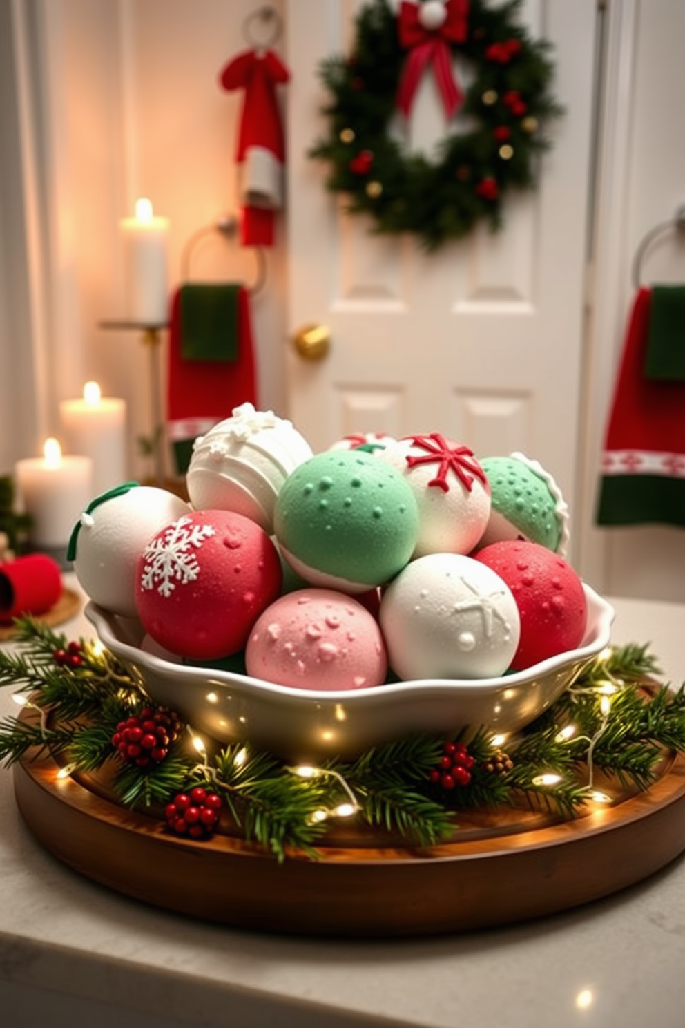 A festive display of colorful holiday-themed bath bombs arranged artfully in a decorative bowl. The bowl is placed on a wooden tray adorned with pine branches and twinkling fairy lights, creating a cozy and inviting atmosphere. The bathroom is decorated with Christmas-themed accents, featuring a wreath on the door and red and green towels hanging from the racks. Soft candlelight flickers nearby, casting a warm glow over the seasonal decor, enhancing the holiday spirit.