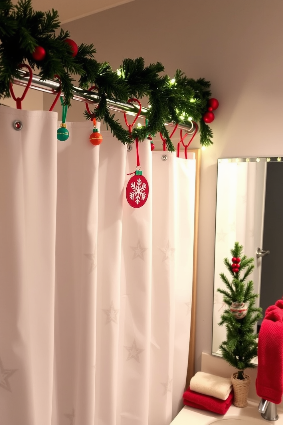 Festive shower curtain hooks in vibrant colors, featuring holiday-themed designs such as snowflakes and ornaments, add a playful touch to the bathroom decor. The hooks hang on a sleek, modern shower rod, complementing a soft, white shower curtain that showcases subtle silver accents. For a cozy Christmas atmosphere, adorn the bathroom with garlands of evergreen draped along the mirror's edge, intertwined with twinkling fairy lights. Accent the space with red and green towels and a small decorative tree placed on the vanity, bringing holiday cheer to the room.