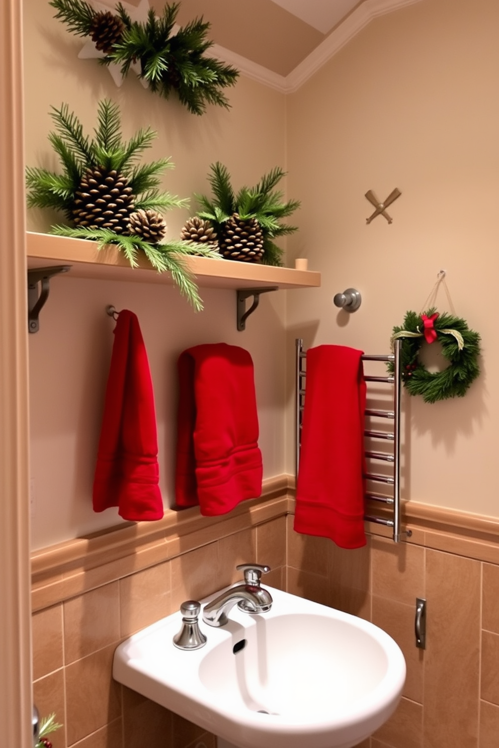 A cozy bathroom adorned with festive spirit. On the shelves, pinecone and evergreen centerpieces are artfully arranged, bringing a touch of nature indoors. The walls are adorned with subtle holiday decorations, while a plush red towel hangs invitingly from a heated rack. Soft, ambient lighting enhances the warm atmosphere, creating a serene holiday retreat.