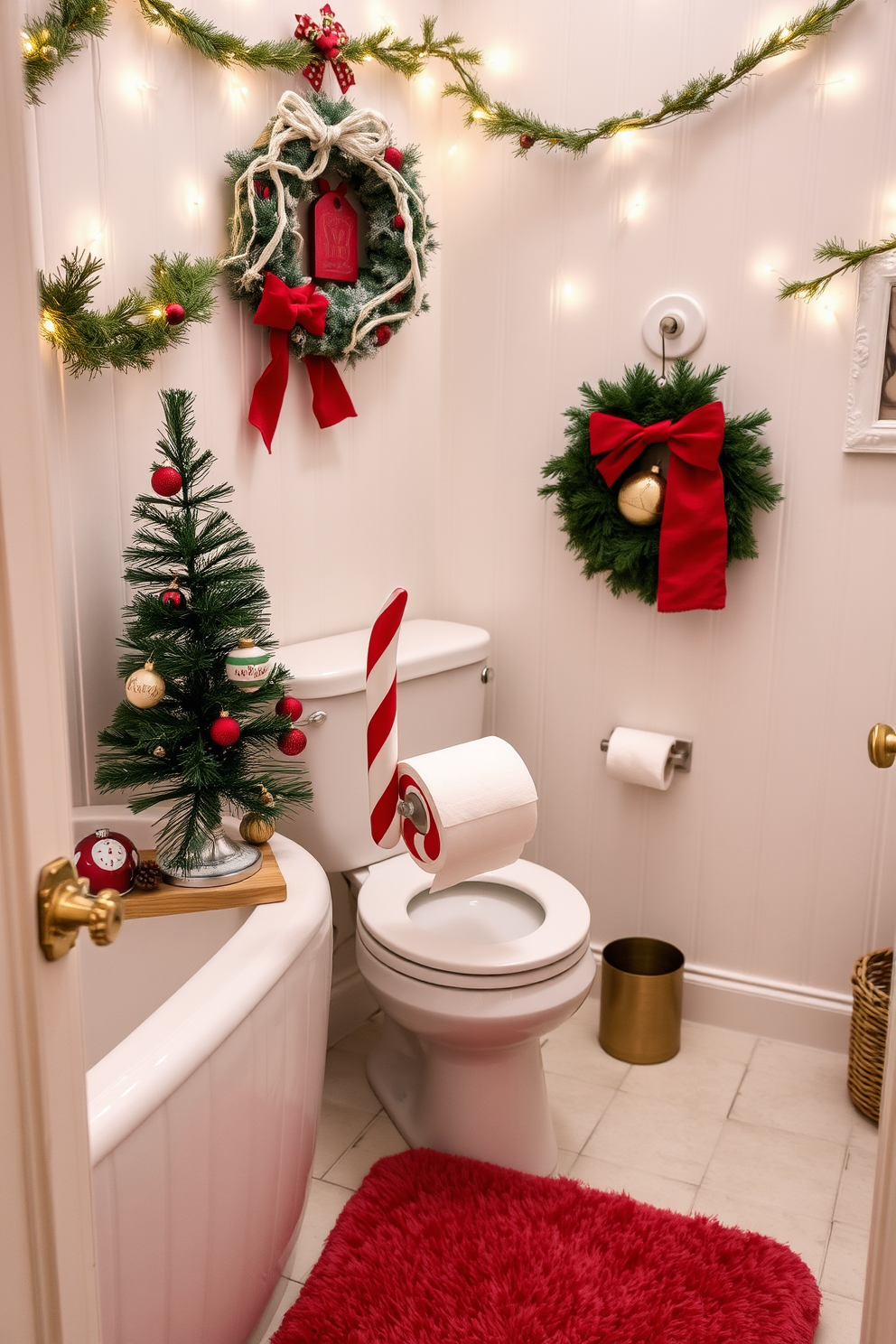 A whimsical bathroom scene featuring a candy cane striped toilet paper holder, adding a festive touch to the decor. Surrounding the holder, holiday-themed accents like a small Christmas tree and decorative ornaments enhance the cheerful atmosphere. The walls are adorned with garlands and twinkling fairy lights, creating a warm and inviting space. A plush red and white bath mat complements the festive theme, making the bathroom a cozy holiday retreat.