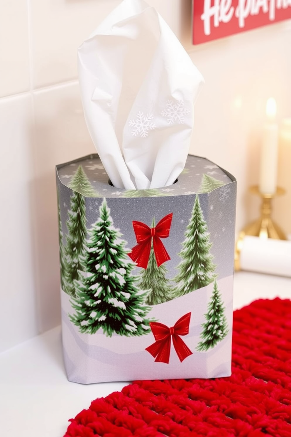 A festive Christmas-themed tissue box cover featuring a cozy winter scene with snowflakes and evergreen trees. The design incorporates rich reds and greens, accented with gold foil detailing for a touch of elegance. For bathroom Christmas decorating ideas, envision a serene space adorned with festive accents like a wreath on the mirror and a plush red bath mat. Add holiday-themed hand towels and a scented candle to create a warm, inviting atmosphere.