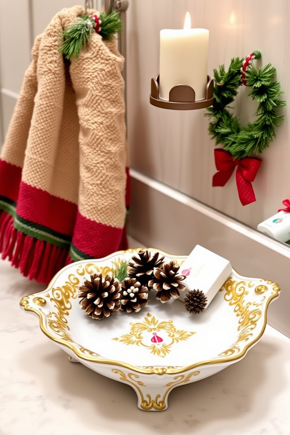 A decorative holiday dish for toiletries, elegantly crafted from porcelain with intricate gold detailing. The dish is filled with festive items such as peppermint-scented soaps and mini pinecones, adding a touch of seasonal charm to the bathroom. Christmas decorating ideas for the bathroom include hanging small wreaths on cabinet doors and draping a soft, red and green plaid towel over the towel rack. A scented candle in a festive holder can complete the look, creating a warm and inviting atmosphere.