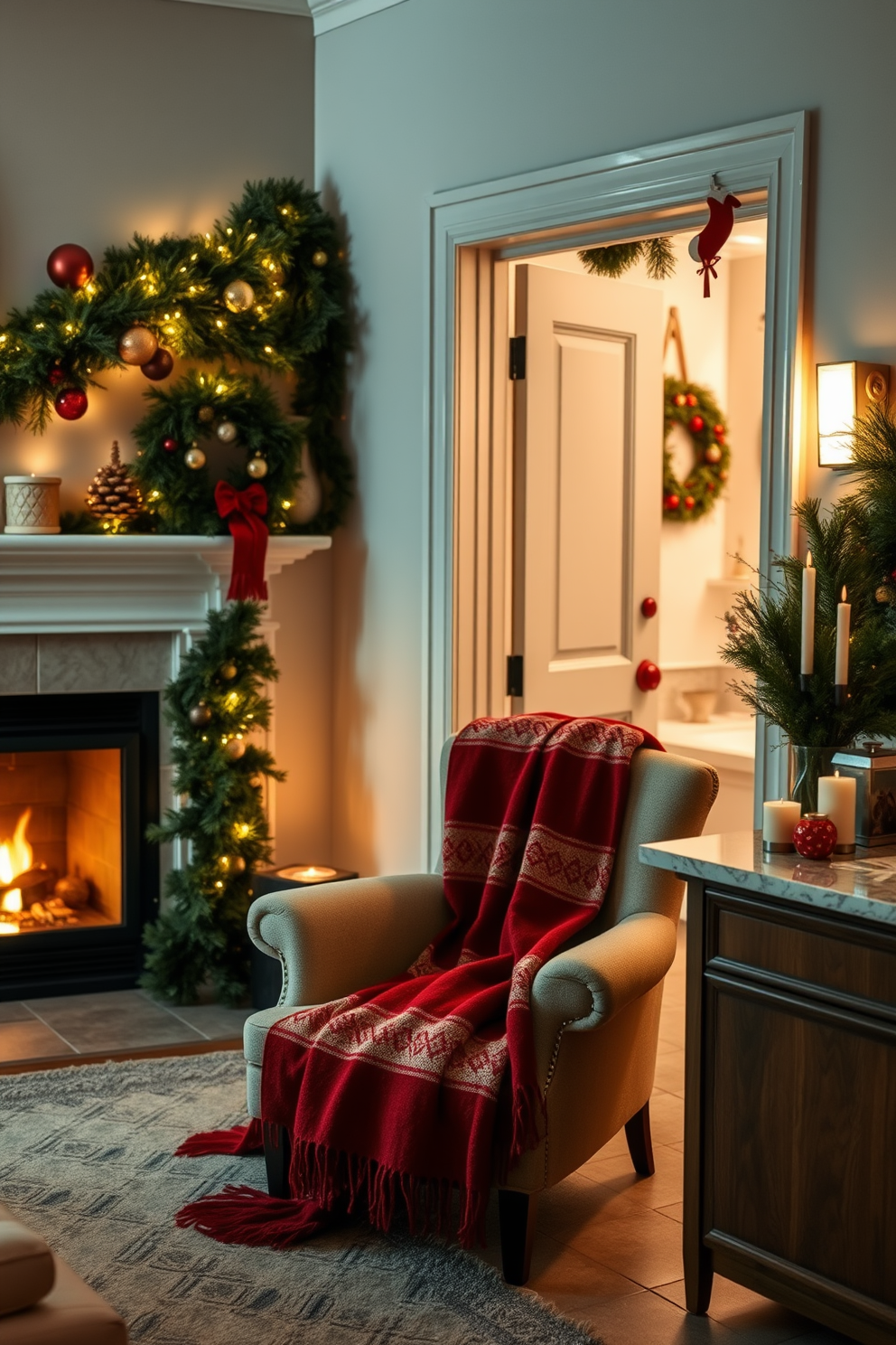 A cozy living room corner featuring a plush chair draped with a seasonal throw blanket in festive colors. The chair is positioned near a warm fireplace, with twinkling fairy lights and holiday decorations adorning the mantel above. A beautifully decorated bathroom for the holiday season, showcasing a luxurious arrangement of evergreen garlands and ornaments. Soft, ambient lighting highlights the festive accents, including a decorative wreath on the door and scented candles arranged on the countertop.