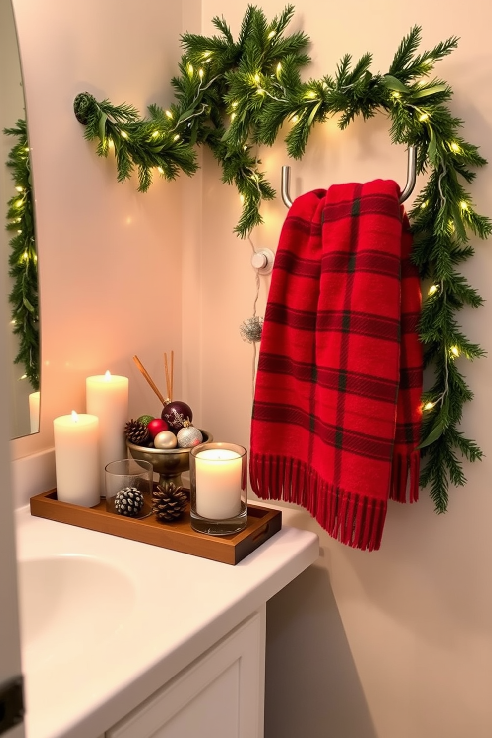 A cozy holiday bathroom adorned with scented candles in festive holders, creating a warm and inviting atmosphere. The candles are arranged on a wooden tray next to a decorative bowl filled with pinecones and ornaments, enhancing the seasonal charm. The walls are draped with garlands of evergreen, interspersed with twinkling fairy lights that cast a soft glow. A plush red and green plaid towel hangs from a stylish towel rack, adding a touch of festive color to the space.