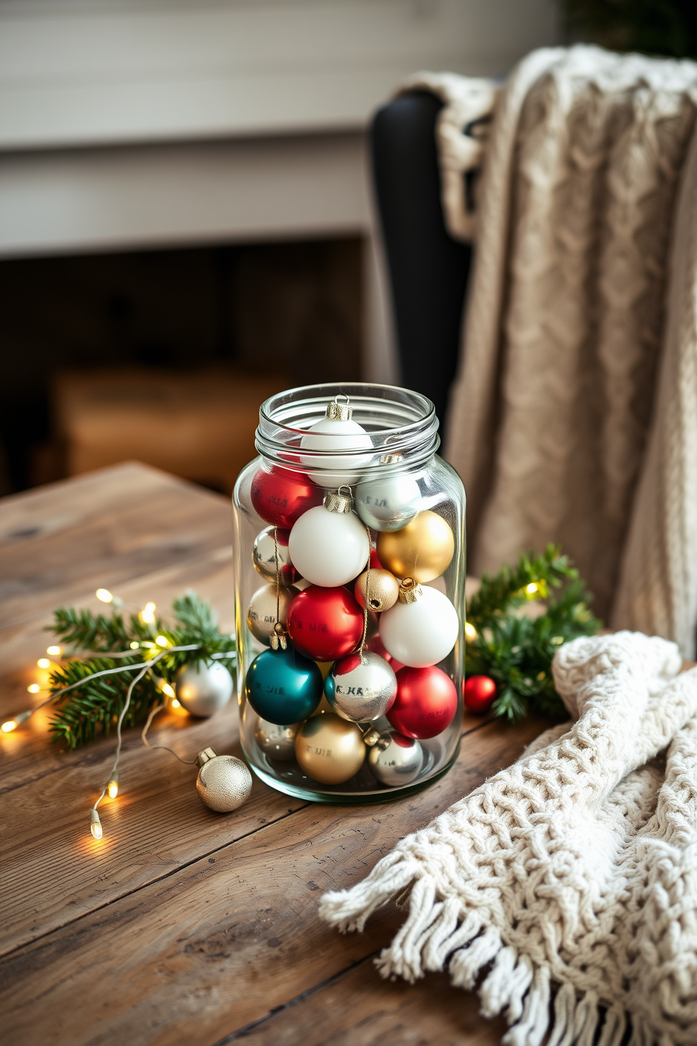 A beautifully arranged glass jar filled with vintage ornaments in various shapes and colors sits on a rustic wooden table. Surrounding the jar are subtle holiday decorations, including twinkling fairy lights and sprigs of evergreen, creating a warm and inviting atmosphere. The scene is complemented by a cozy knitted throw draped over a nearby chair, adding texture and comfort. Soft, ambient lighting casts a gentle glow, enhancing the nostalgic charm of the vintage ornaments and the festive spirit of Christmas decor.