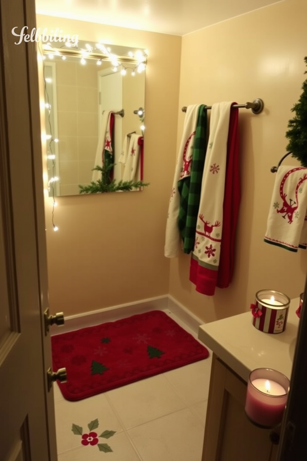 A cozy bathroom setting featuring a holiday-themed bath rug in rich reds and greens, providing warmth and a festive touch. The space is adorned with twinkling string lights along the mirror and a small evergreen tree in the corner, enhancing the Christmas spirit. Decorative elements include a collection of holiday-themed towels hanging on a rack, showcasing snowflakes and reindeer patterns. A scented candle in a festive holder sits on the countertop, filling the room with a warm, inviting aroma.