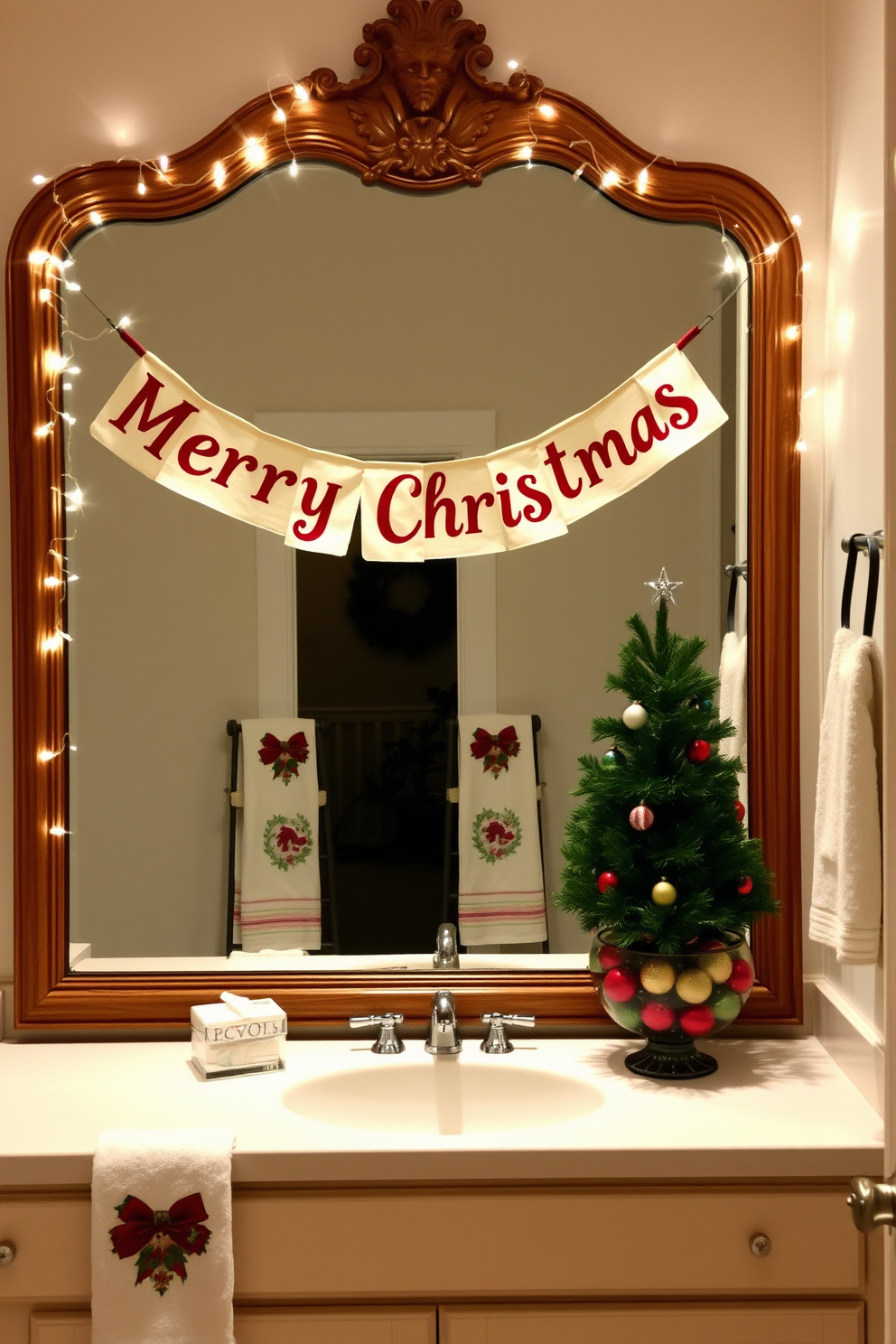 A cheerful Merry Christmas banner is draped elegantly across a large, ornate mirror, reflecting the festive ambiance of the room. The mirror is framed in a rustic wood, adorned with twinkling fairy lights that enhance the holiday spirit. The bathroom features a cozy arrangement of Christmas decorations, including a small evergreen tree placed on the countertop. Festive towels with holiday motifs are neatly hung, and a decorative bowl filled with ornaments adds a touch of seasonal charm.