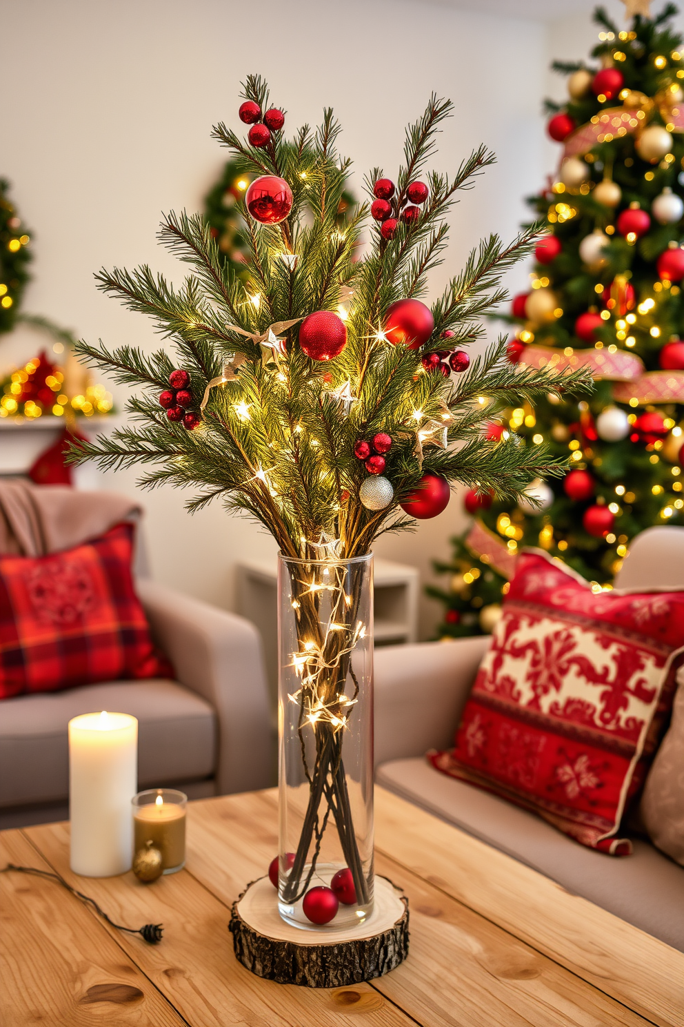 A festive arrangement of decorative pine branches fills a tall glass vase, adorned with twinkling fairy lights that create a warm glow. The vase is placed on a rustic wooden table, surrounded by cozy holiday decorations like candles and ornaments in rich red and gold hues. For a charming Christmas atmosphere, the room features a beautifully decorated tree with shimmering lights and an array of colorful ornaments. Plush throws and pillows in festive patterns add a touch of comfort to the seating area, inviting guests to relax and enjoy the holiday spirit.