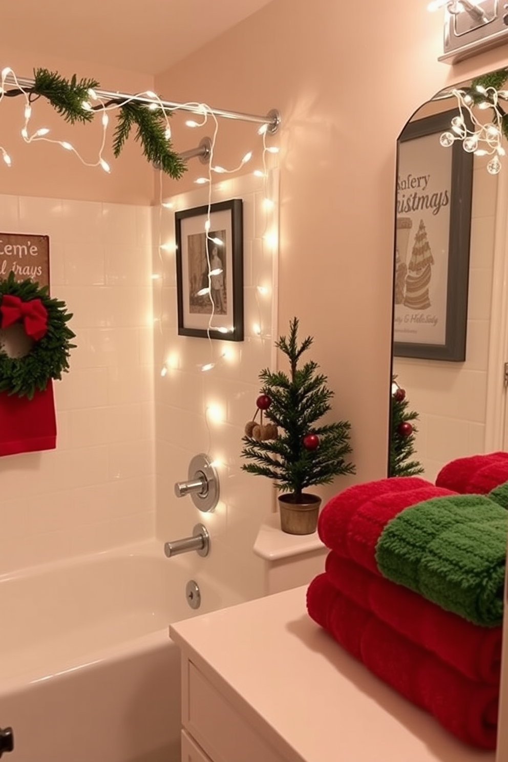 A festive bathroom adorned for the holidays. Delicate Christmas lights are elegantly wrapped around the shower rod, casting a warm glow throughout the space. The walls are decorated with holiday-themed artwork, and a small evergreen tree sits on the countertop. Plush towels in red and green hues are neatly arranged, adding a cozy touch to the festive decor.