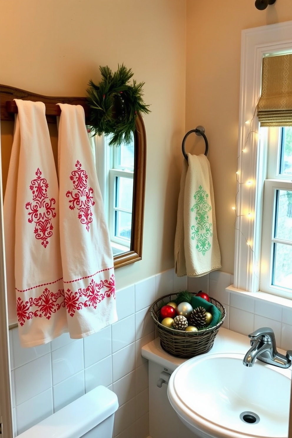 A cozy bathroom adorned with festive hand towels featuring intricate embroidery in red and green tones. The towels are neatly hung on a rustic wooden rack, complementing the warm, inviting atmosphere of the space. The bathroom is decorated with subtle Christmas accents, including a small evergreen wreath on the mirror and twinkling fairy lights draped along the window sill. A decorative basket filled with pinecones and ornaments sits next to the sink, adding a touch of holiday cheer.