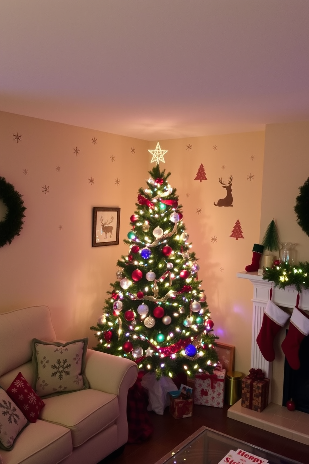 A cozy living room adorned with holiday-themed wall decals. The decals feature festive designs like snowflakes, reindeer, and Christmas trees, creating a cheerful atmosphere. A beautifully decorated Christmas tree stands in the corner, draped with twinkling lights and colorful ornaments. Stockings hang from the mantle, adding a warm touch to the room's holiday decor.