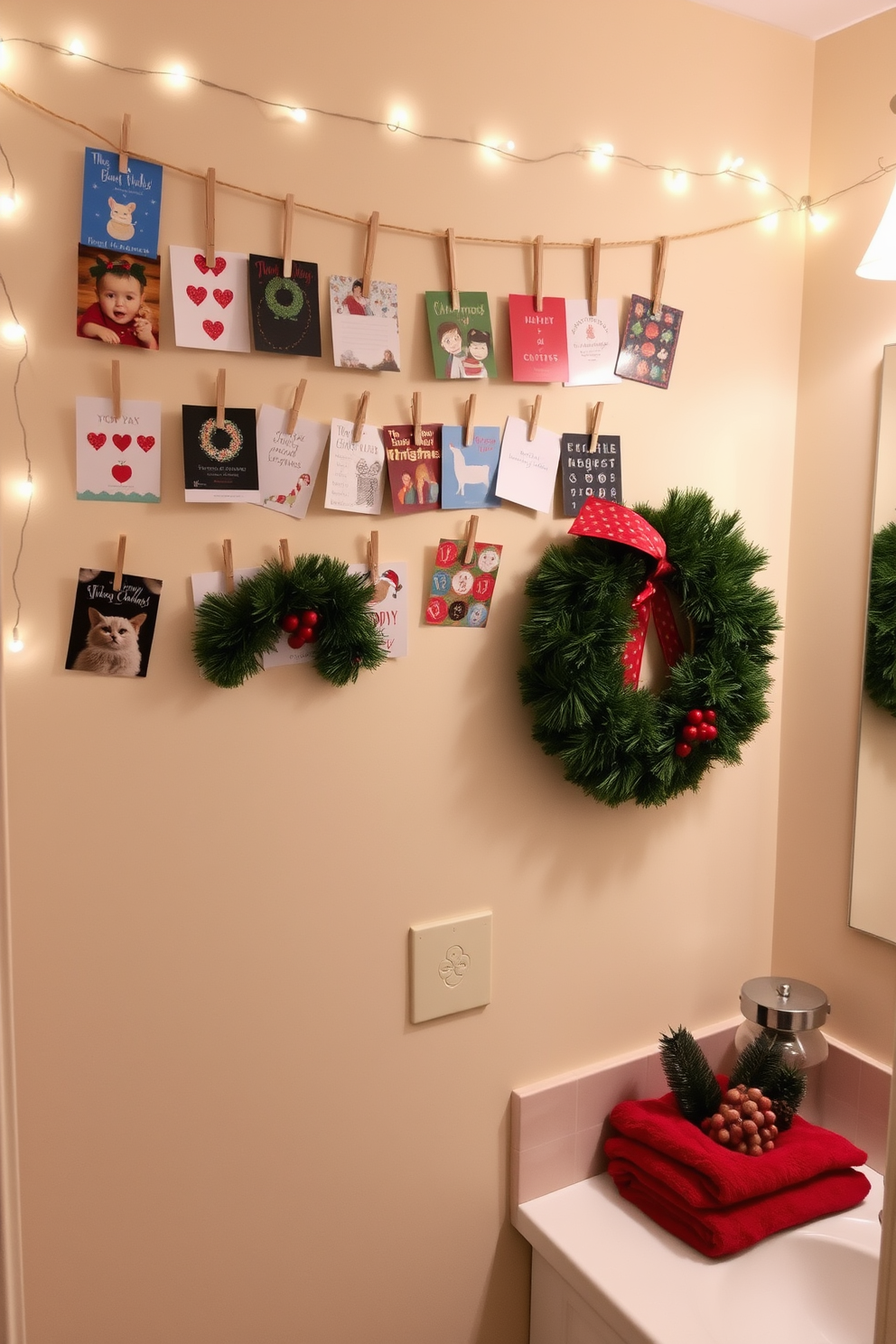 A charming Christmas card display adorns the wall, featuring an array of colorful cards hung with twine and clothespins. The backdrop is a warm, inviting shade of cream, accentuated by twinkling fairy lights that add a festive glow. The bathroom is beautifully decorated for the holidays, showcasing a lush green wreath adorned with red berries on the door. Soft, plush towels in festive colors are neatly arranged, while a small holiday-themed centerpiece sits on the vanity, bringing seasonal cheer to the space.