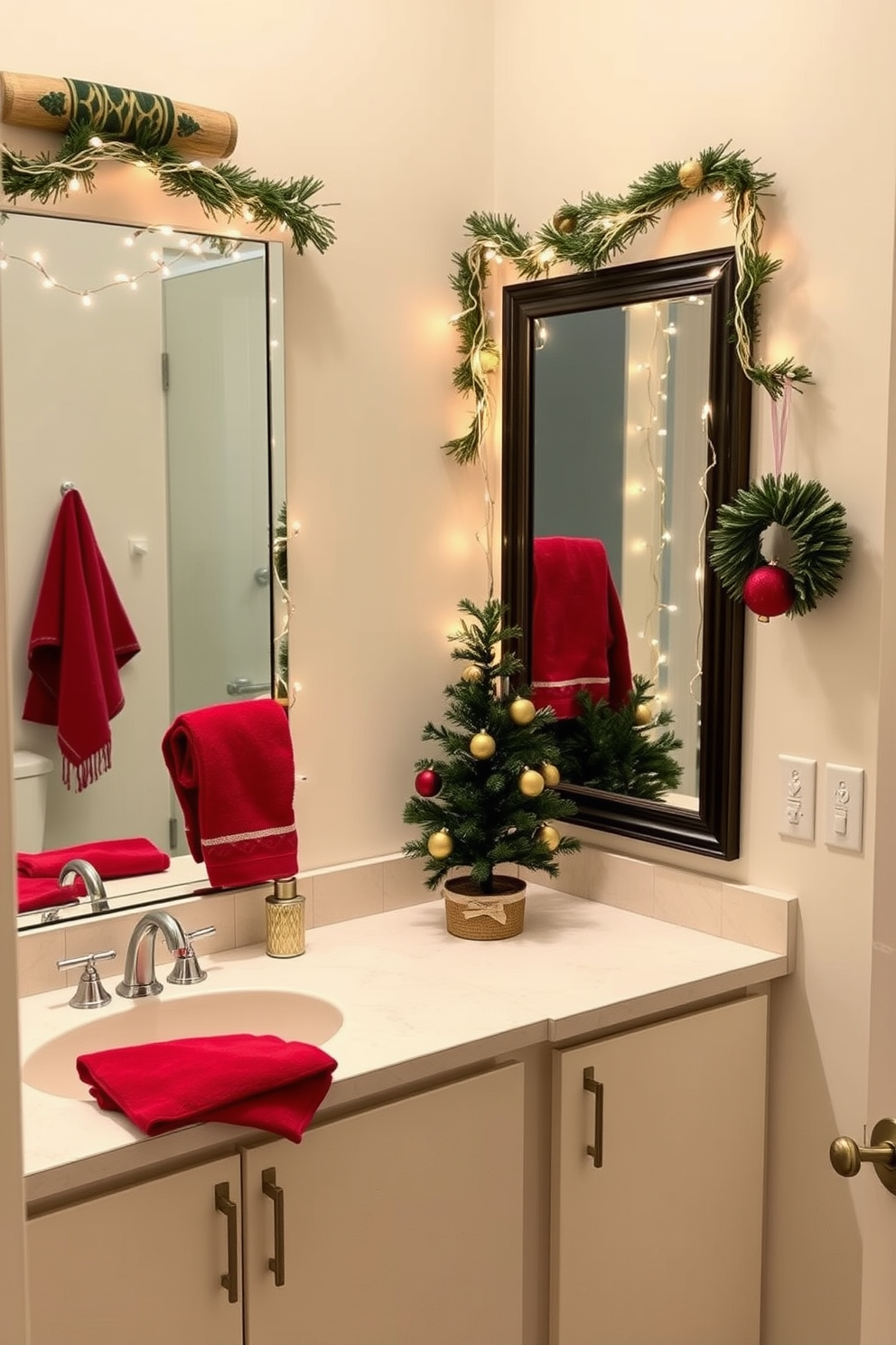 A cozy bathroom setting adorned with seasonal air fresheners that evoke delightful scents. The air is filled with notes of pine and cinnamon, creating a warm and inviting atmosphere. For Christmas, the bathroom features festive decorations, including a small evergreen tree on the countertop and twinkling fairy lights draped around the mirrors. Red and gold accents are incorporated through towels and ornaments, enhancing the holiday spirit.