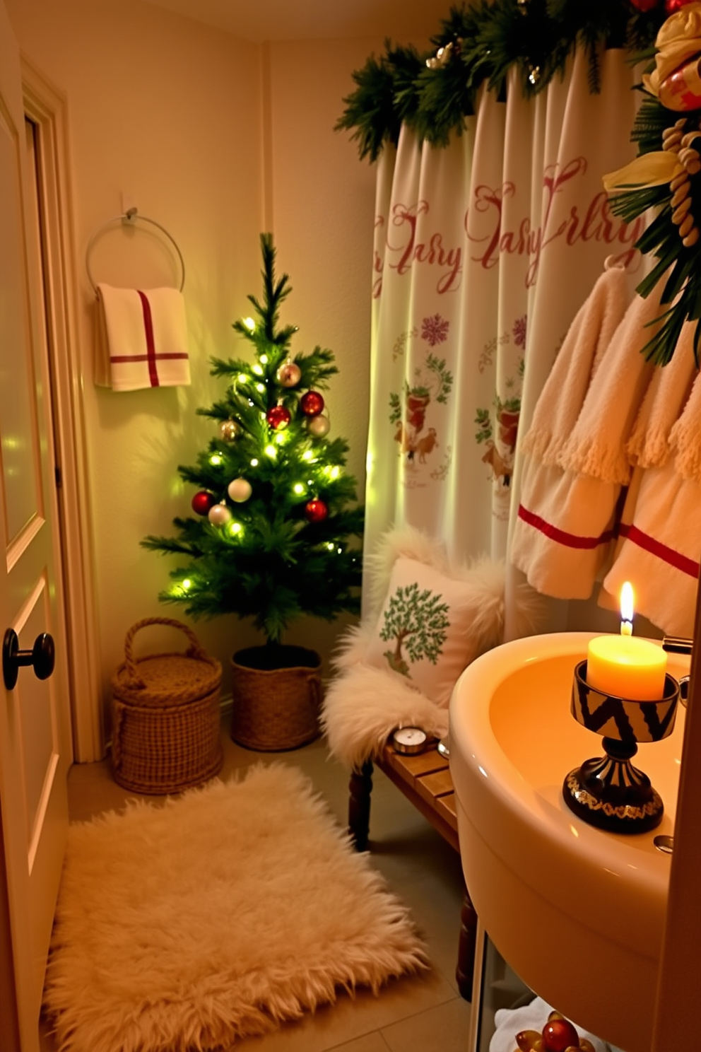 A cozy bathroom adorned with faux fur accents, including a plush rug and decorative throw pillows on a wooden bench. The space is illuminated by soft, warm lighting, enhancing the inviting atmosphere and complementing the rich textures. For Christmas, the bathroom features festive decorations such as a small evergreen tree in the corner, adorned with twinkling lights and ornaments. A holiday-themed shower curtain and matching towels add a cheerful touch, while a scented candle in a festive holder completes the seasonal decor.