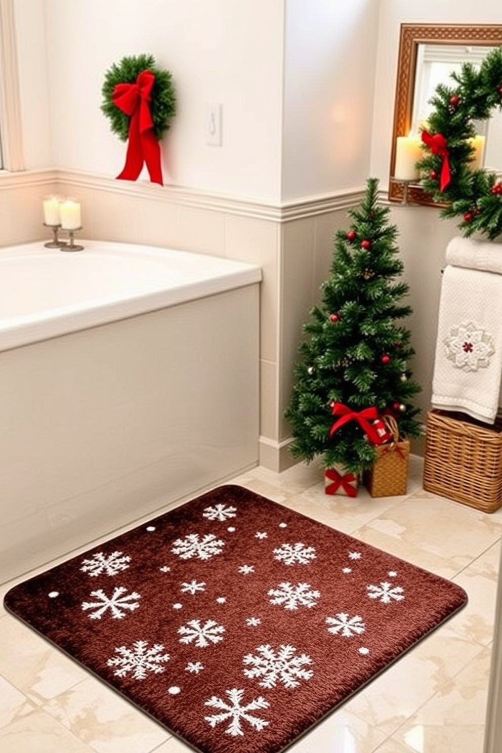 A Christmas-themed bath mat featuring a cozy design with snowflakes and festive colors, perfect for adding warmth to your bathroom space. The mat is plush and soft, inviting bare feet to enjoy the holiday spirit every morning. Incorporate Christmas decorations in your bathroom with elegant touches like garland draped over the mirror and scented candles in festive holders. Add a touch of whimsy with holiday-themed towels and a small Christmas tree on the countertop for a cheerful ambiance.