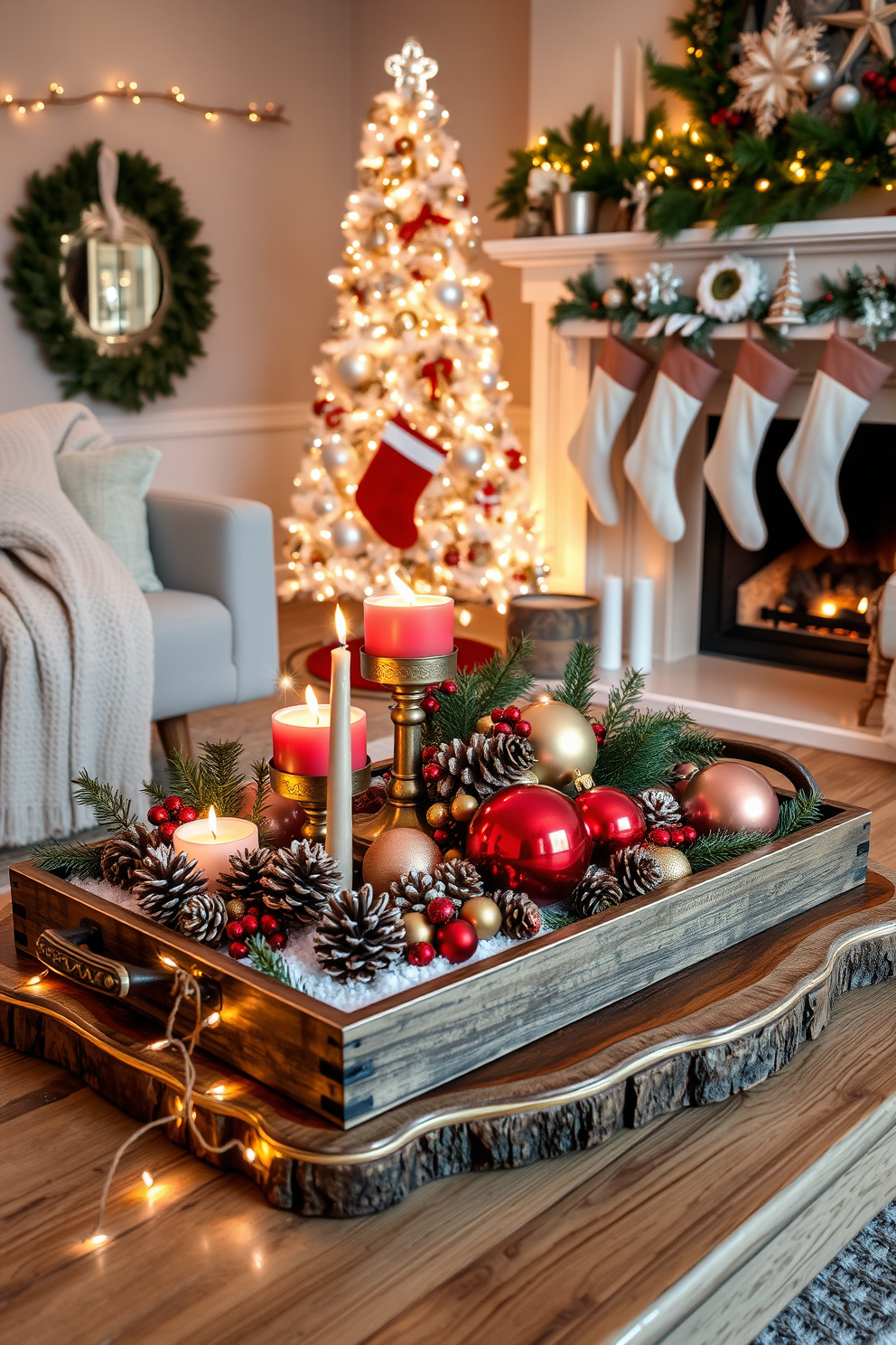 A beautifully arranged decorative tray holds an assortment of holiday essentials, including festive candles, pinecones, and ornaments in rich red and gold hues. The tray is placed on a rustic wooden coffee table, surrounded by cozy blankets and twinkling fairy lights to create a warm holiday ambiance. For Christmas decorating ideas, envision a living room adorned with a stunning tree draped in elegant white and silver decorations. Stockings hang from a beautifully crafted mantel, complemented by garlands of fresh greenery and twinkling lights that enhance the festive atmosphere.