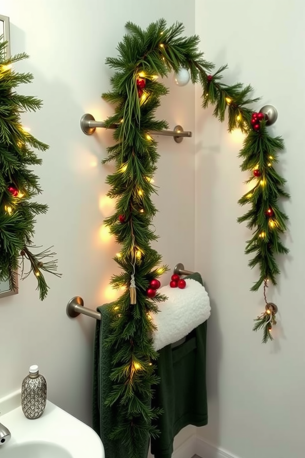 A cozy bathroom adorned for the holidays, featuring garlands draped elegantly over the towel racks. The garlands are lush with greenery and accented with twinkling fairy lights, creating a warm and inviting atmosphere.