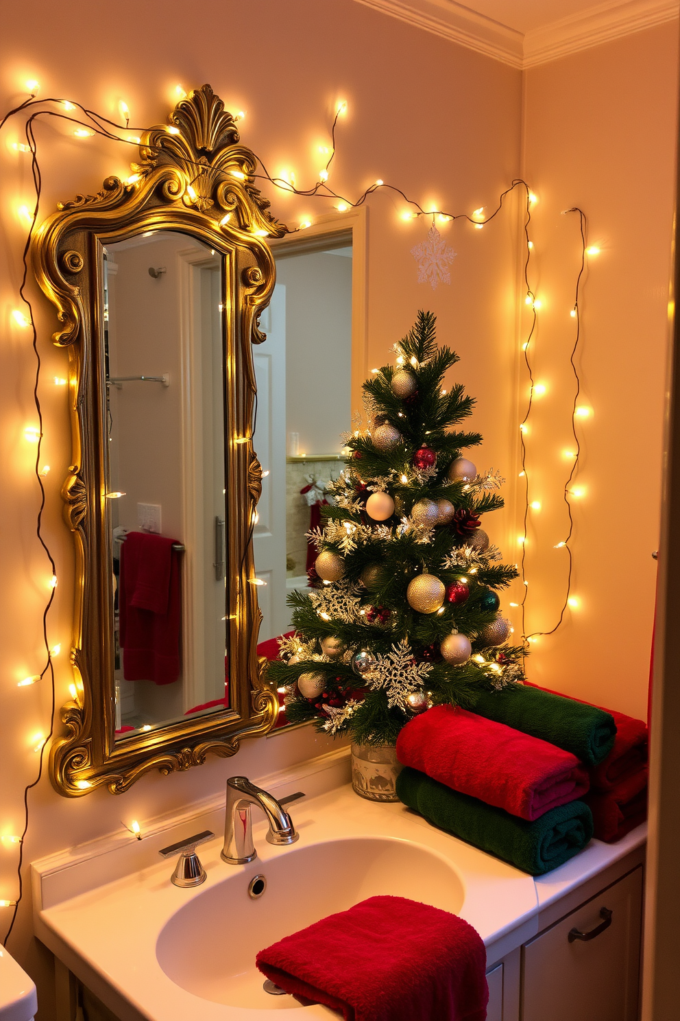 A cozy bathroom adorned with twinkling fairy lights draped elegantly around a large, ornate mirror. The warm glow of the lights creates a magical ambiance, enhancing the festive spirit of the space. The bathroom features a beautifully decorated Christmas tree in the corner, adorned with delicate ornaments and shimmering tinsel. Plush towels in rich red and green hues are neatly arranged, complementing the holiday decor.