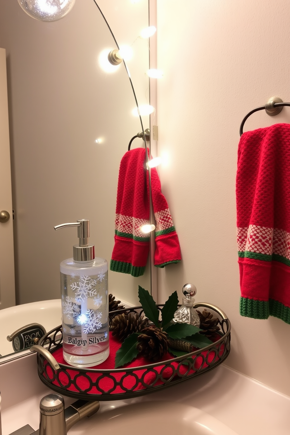 A festive bathroom setting adorned with a holiday-themed soap dispenser and matching tray. The soap dispenser features a cheerful design with snowflakes, while the tray is elegantly decorated with pinecones and a sprig of holly. Soft white lights twinkle around the mirror, casting a warm glow throughout the space. A cozy red and green towel hangs neatly from the towel rack, complementing the overall Christmas decor.