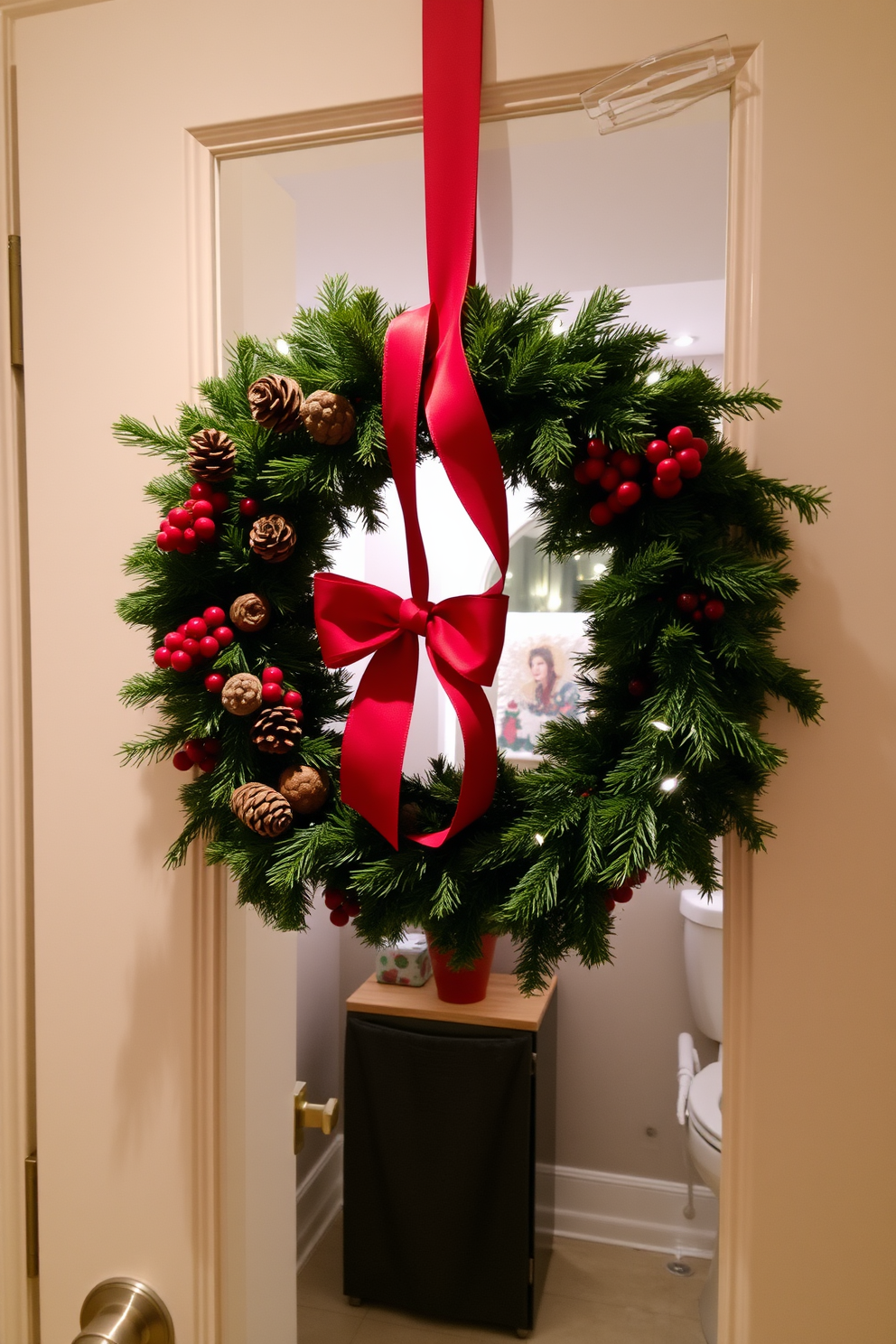 A charming bathroom door adorned with a seasonal wreath, featuring pinecones, red berries, and lush greenery. The wreath is complemented by a festive red bow, creating a warm and inviting entryway. Inside, the bathroom is decorated with subtle Christmas touches, including a small potted evergreen on the countertop and holiday-themed towels hanging from the racks. Soft white lights are draped around the mirror, adding a cozy glow to the space.