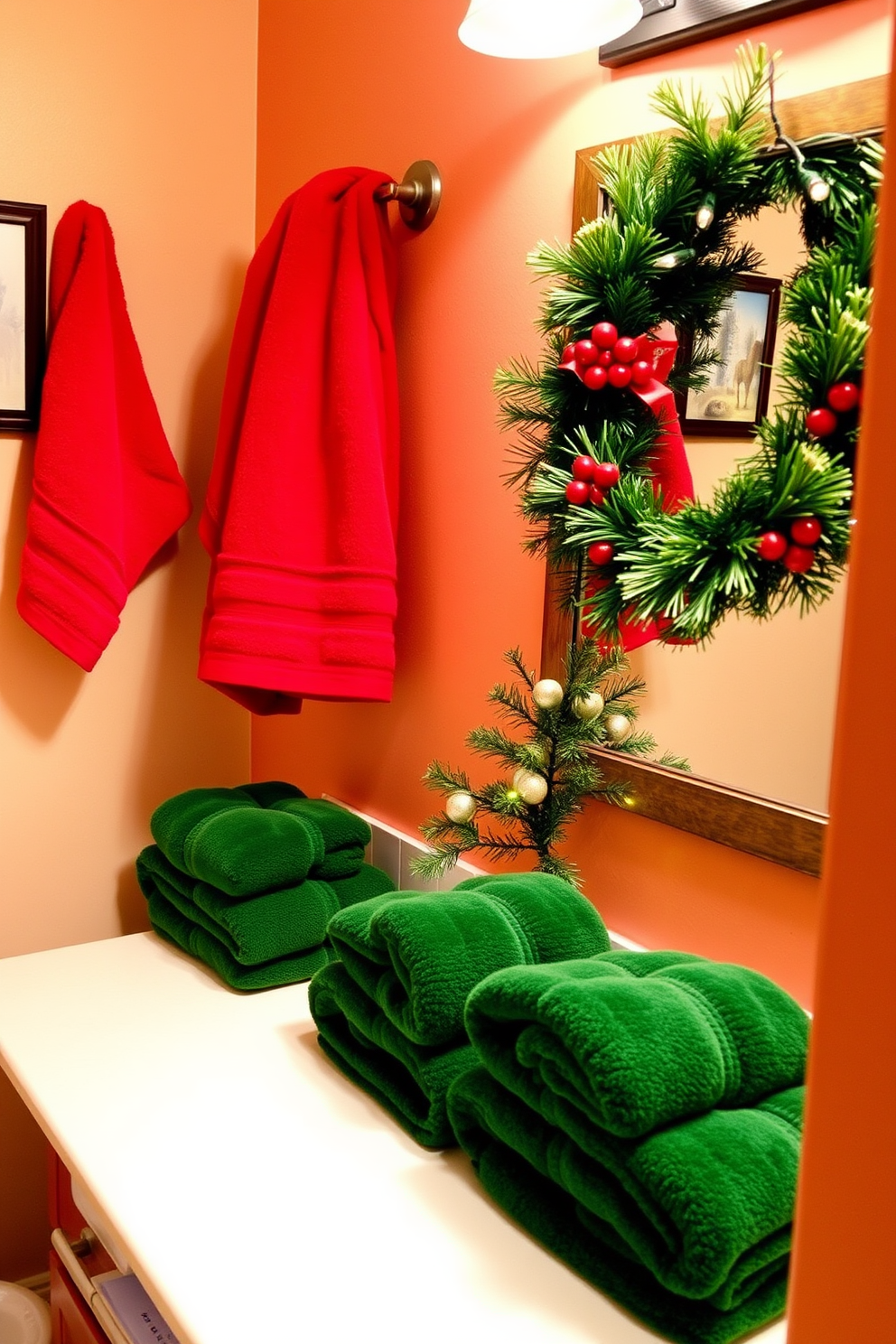 A cozy bathroom decorated for Christmas features a vibrant red and green color scheme. Plush red towels hang elegantly from the towel rack, while soft green towels are neatly arranged on the countertop, adding a festive touch. The walls are adorned with subtle holiday-themed artwork, and a small evergreen tree with twinkling lights sits in the corner. A decorative wreath made of pine and berries is hung on the mirror, enhancing the cheerful ambiance of the space.