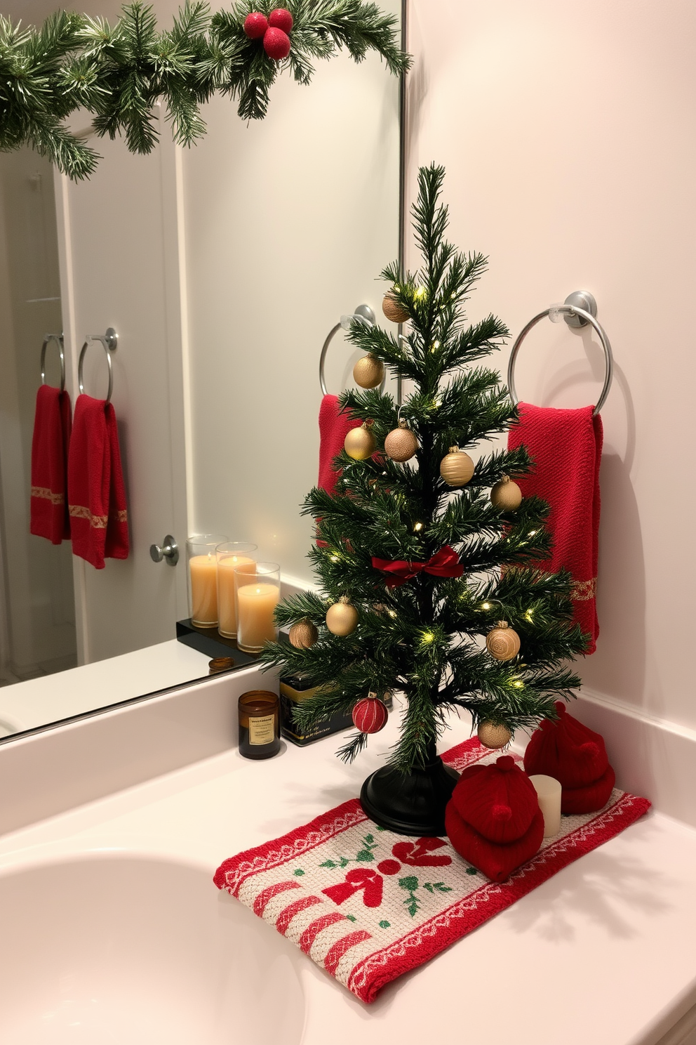 A charming mini Christmas tree sits atop a sleek countertop, adorned with twinkling fairy lights and delicate ornaments that reflect the warm glow of the holiday season. Surrounding the tree are festive decorations, including a small collection of colorful candles and a cozy, knitted holiday-themed runner. The bathroom is transformed into a winter wonderland with garlands of pine and holly draped along the mirror's edge. Subtle touches like red and gold accents in the form of towels and bath mats complement the overall festive aesthetic, creating a warm and inviting atmosphere.