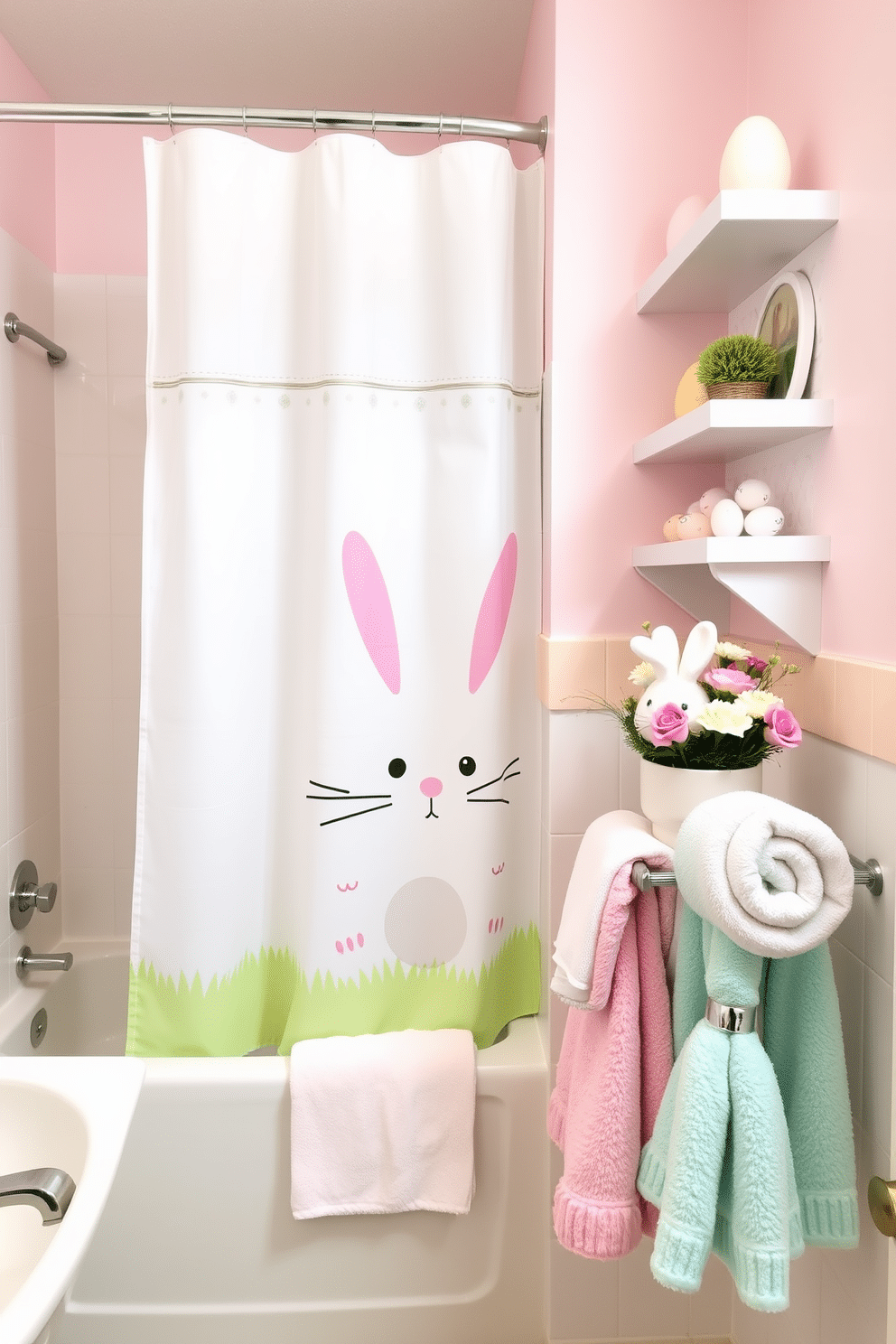 A whimsical bathroom setting featuring a playful Easter bunny shower curtain that adds a fun touch to the space. The walls are adorned with pastel-colored accents, and decorative eggs are placed on the shelves for a festive atmosphere. Incorporate cheerful Easter-themed decorations, such as a bunny-shaped soap dispenser and a floral arrangement with spring blooms. Soft, fluffy towels in coordinating pastel shades hang neatly on a rack, completing the charming holiday aesthetic.