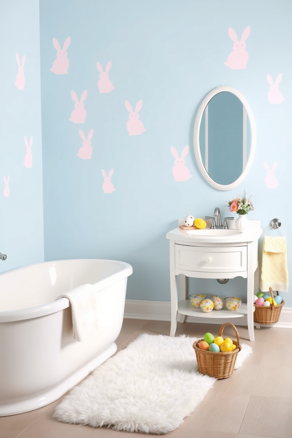 A playful Easter-themed bathroom featuring bunny and egg wall decals in soft pastel colors. The decals are strategically placed on a light blue wall, creating a cheerful and festive atmosphere for the holiday. A white vanity with a round mirror reflects the vibrant decor, while a fluffy white rug adds comfort underfoot. Decorative baskets filled with colorful Easter eggs sit beside the tub, enhancing the seasonal charm.