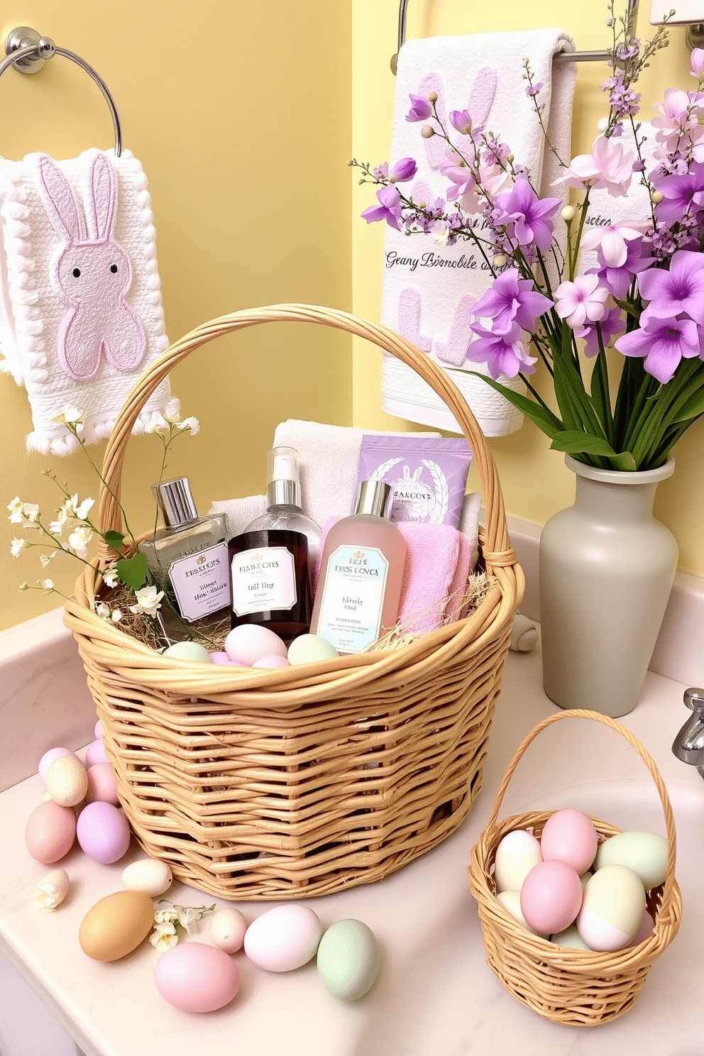 A charming Easter basket filled with luxurious toiletries, nestled among pastel-colored eggs and delicate spring flowers. The basket is woven from natural fibers, showcasing soft pink and lavender hues, with elegant items like scented soaps, plush towels, and bath oils peeking out. Decorated for Easter, the bathroom features whimsical touches like bunny-themed towels and floral arrangements in soft pastel shades. A cheerful, light yellow accent wall complements the festive decor, while a small basket of Easter eggs adds a playful element to the countertop.