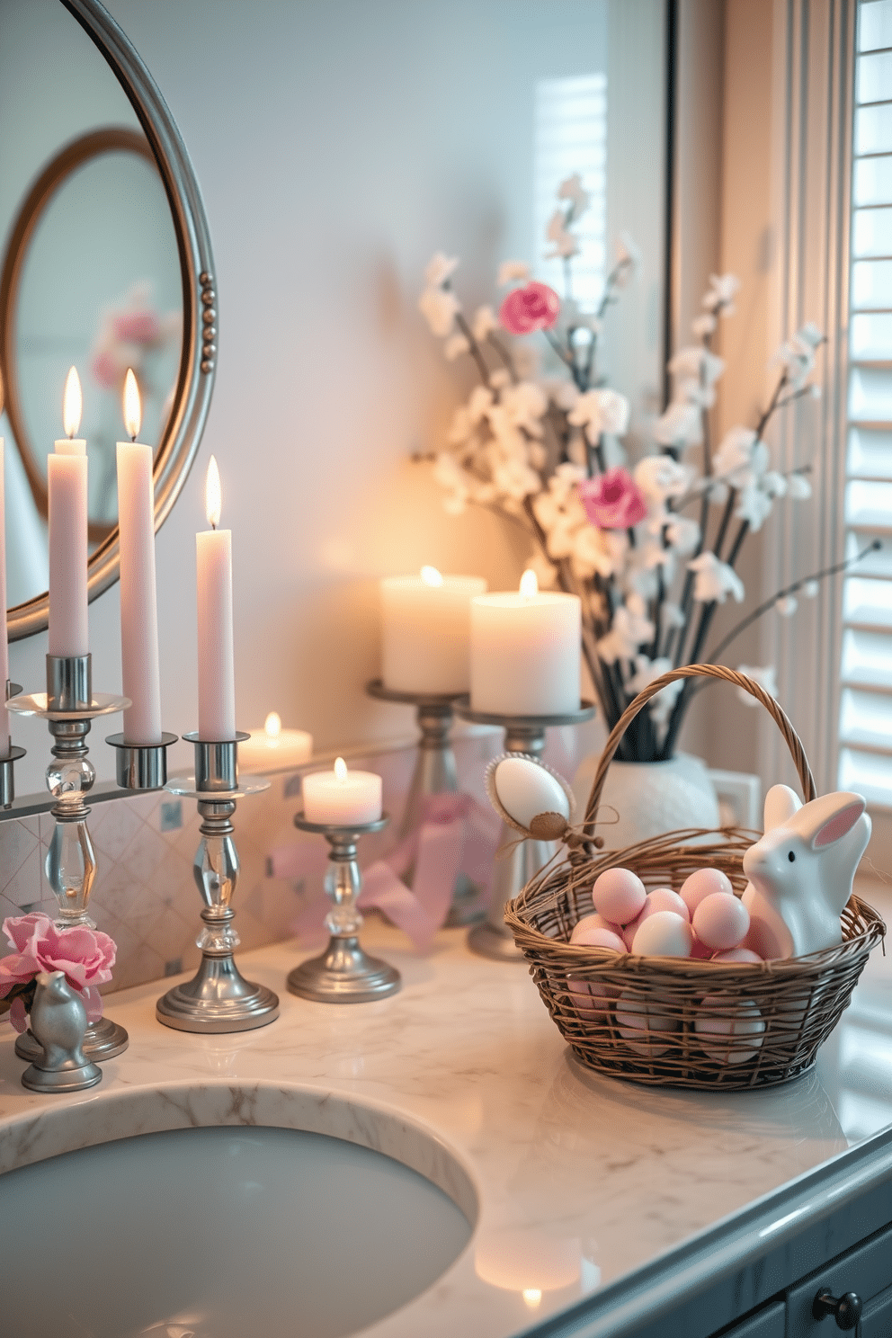 A serene bathroom setting adorned with pastel-colored candles in various heights, each placed in elegant holders that complement the decor. Soft lighting enhances the ambiance, reflecting off the shiny surfaces and creating a calming atmosphere perfect for relaxation. Incorporate festive Easter elements with delicate floral arrangements and pastel accents throughout the space. A decorative basket filled with Easter eggs sits on the countertop, adding a cheerful touch to the tranquil environment.