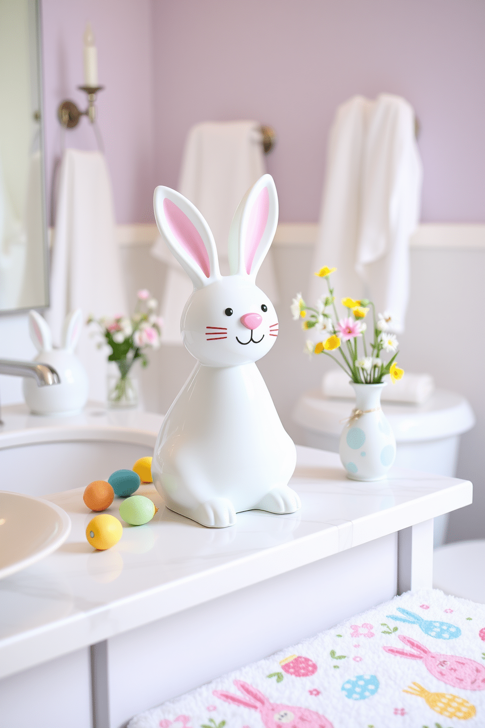 A whimsical Easter-themed toothbrush holder designed as a pastel-colored bunny, complete with floppy ears and a cheerful expression. The holder sits on a white marble countertop, surrounded by colorful Easter eggs and a small bouquet of spring flowers in a matching vase. The bathroom features light, airy decor with soft lavender walls and delicate white accents. A festive touch is added with a playful Easter-themed bath mat adorned with bunnies and eggs, complementing the overall cheerful ambiance.