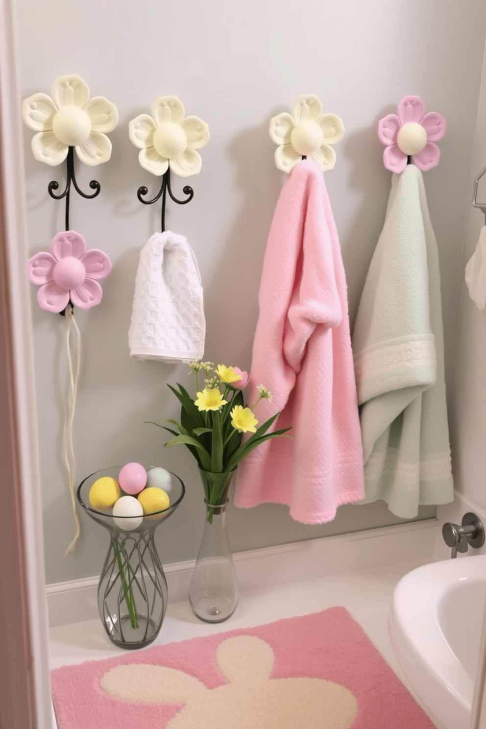 A charming spring-themed bathroom features decorative hooks shaped like blooming flowers, painted in pastel colors. Each hook is adorned with intricate details, creating a whimsical and inviting atmosphere for hanging bathrobes. For Easter decorating ideas, the bathroom is adorned with soft, fluffy towels in pastel shades, complemented by a cheerful display of Easter eggs in a decorative bowl. Fresh spring flowers in a vase add a touch of nature, while a bunny-themed bath mat completes the festive look.