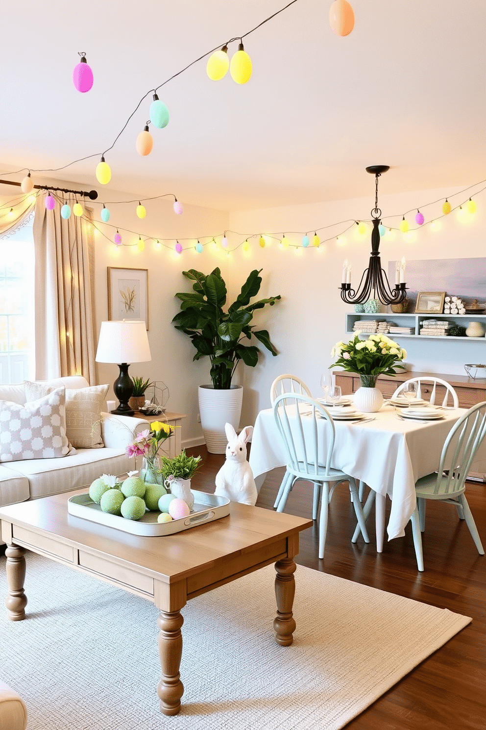 A cozy and festive Easter-themed living room adorned with pastel-colored Easter egg string lights draped across the ceiling. The soft glow of the lights illuminates a beautifully arranged coffee table featuring decorative eggs, spring flowers, and a plush bunny figurine. A charming dining area set for an Easter brunch, with the table decorated in a light linen tablecloth and surrounded by mismatched vintage chairs. Above the table, the Easter egg string lights hang gracefully, creating a warm and inviting atmosphere for family gatherings.