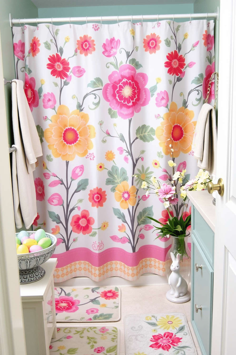 A bright and cheerful bathroom featuring a floral-patterned shower curtain with vibrant colors and intricate designs. The shower curtain is complemented by matching towels and a decorative bath mat, creating a cohesive and inviting atmosphere. For Easter, the bathroom is adorned with tasteful decorations such as pastel-colored eggs placed in a decorative bowl on the vanity. Fresh spring flowers in a vase add a touch of elegance, while small bunny figurines are strategically placed to enhance the festive theme.