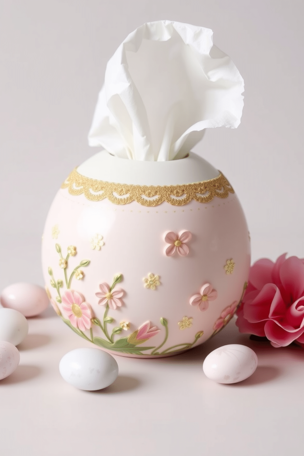 A charming Easter-themed tissue box cover designed to resemble a pastel-colored egg, adorned with delicate floral patterns and subtle gold accents. This decorative piece adds a festive touch to any room, perfectly complementing spring decor. Incorporate playful elements like bunny motifs and cheerful colors to enhance your Easter decorating ideas. Consider using a combination of fresh flowers, pastel tableware, and whimsical centerpieces to create a vibrant and inviting atmosphere for the holiday.