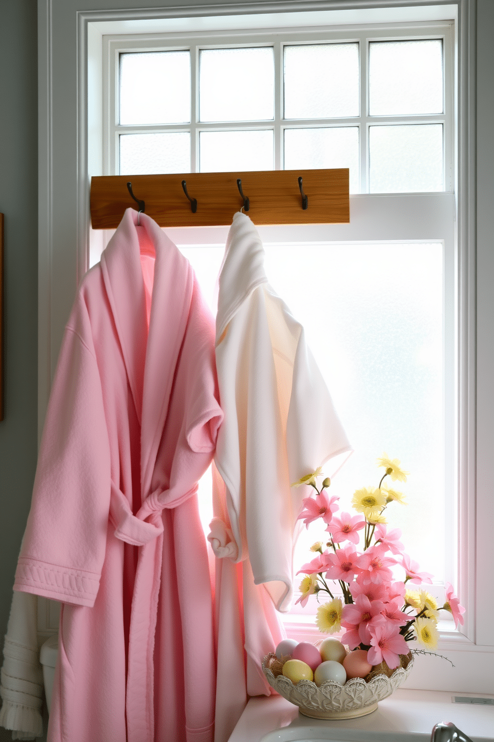 A serene bathroom scene featuring pastel-colored bathrobes hanging elegantly on a wooden rack. The soft hues of the robes complement the light, airy atmosphere created by the natural light streaming through a frosted window. Decorative elements inspired by Easter adorn the space, including a tasteful arrangement of pastel-colored eggs in a decorative bowl on the countertop. Fresh flowers in soft pinks and yellows add a cheerful touch, enhancing the festive ambiance without overwhelming the serene setting.