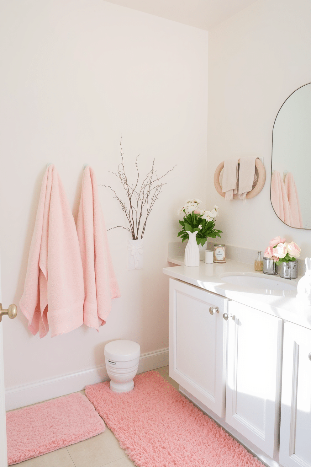 A serene bathroom setting adorned with pastel-colored towels and rugs, creating a soft and inviting atmosphere. The walls are painted in a light, airy hue, complementing the delicate textures of the towels draped elegantly over the towel racks. Decorative elements for Easter include subtle floral arrangements and pastel-themed accessories strategically placed around the space. A charming bunny figurine sits atop the vanity, adding a whimsical touch to the overall decor while maintaining a sophisticated aesthetic.