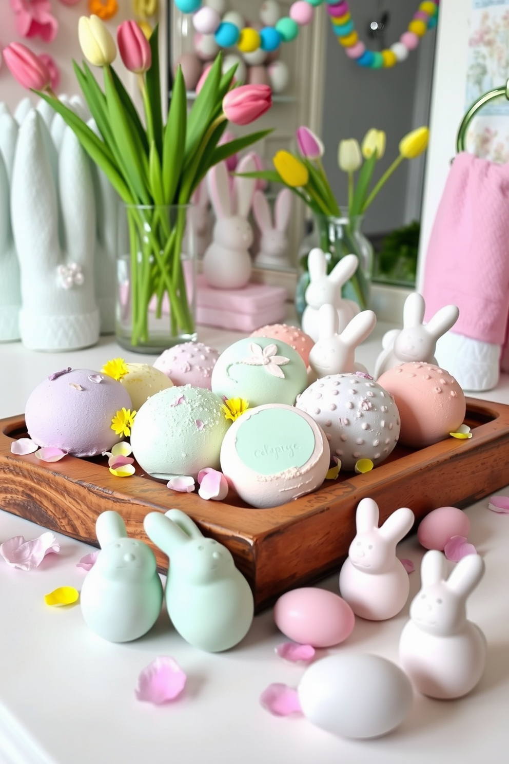 A vibrant spring-themed bath bomb set is displayed on a rustic wooden tray, featuring an array of pastel colors such as lavender, mint green, and soft pink. Surrounding the bath bombs are delicate flower petals and small decorative eggs, enhancing the festive atmosphere. For Easter decorating ideas, a cozy bathroom is adorned with cheerful decorations, including bunny-shaped soap dispensers and pastel-colored towels. Fresh tulips in a glass vase add a touch of nature, while colorful garlands hang gracefully from the mirror.