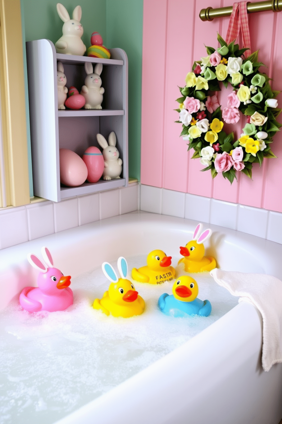 A whimsical Easter-themed bath toy set featuring colorful rubber ducks in pastel shades of pink, yellow, and blue. Each duck is adorned with festive designs like bunny ears and floral patterns, floating playfully in a bubbly bathtub. A charming bathroom decorated for Easter, showcasing a pastel color palette with soft pink and mint green accents. Adorn the shelves with decorative eggs and playful bunny figurines, while a cheerful wreath made of faux flowers hangs on the door.