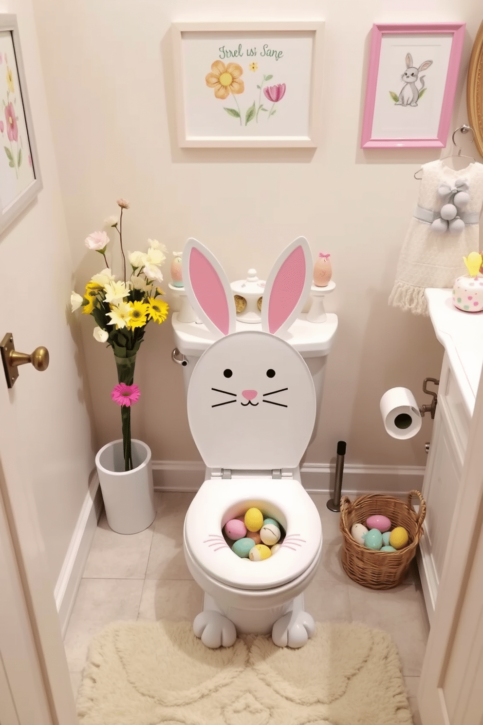 A whimsical bathroom scene featuring a bunny-shaped toilet seat cover that adds a playful touch to the space. Surrounding the toilet are pastel-colored decorations, including Easter eggs and floral arrangements, creating a festive atmosphere. The walls are adorned with cheerful, spring-themed artwork, while a soft, plush rug in a light hue complements the decor. A small basket filled with colorful eggs sits on the vanity, enhancing the Easter theme throughout the bathroom.