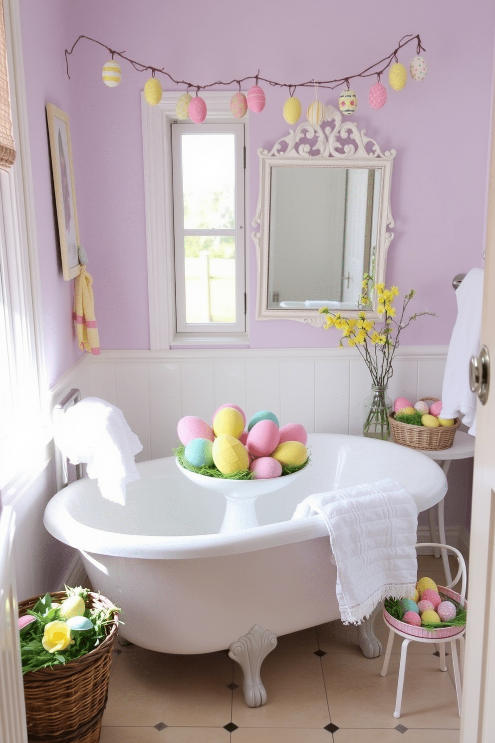 A whimsical bathroom scene featuring a decorative display of colorful Easter egg bath bombs arranged artfully in a vintage ceramic bowl. Soft pastel colors dominate the space, with a light lavender wall and a white freestanding tub adorned with fresh flowers and a fluffy white towel draped over the edge. Charming Easter decorations are scattered throughout, including a garland of paper eggs hanging above the mirror and a small basket filled with faux grass and pastel eggs on the countertop. Natural light streams in through a window, illuminating the cheerful ambiance of this festive bathroom retreat.