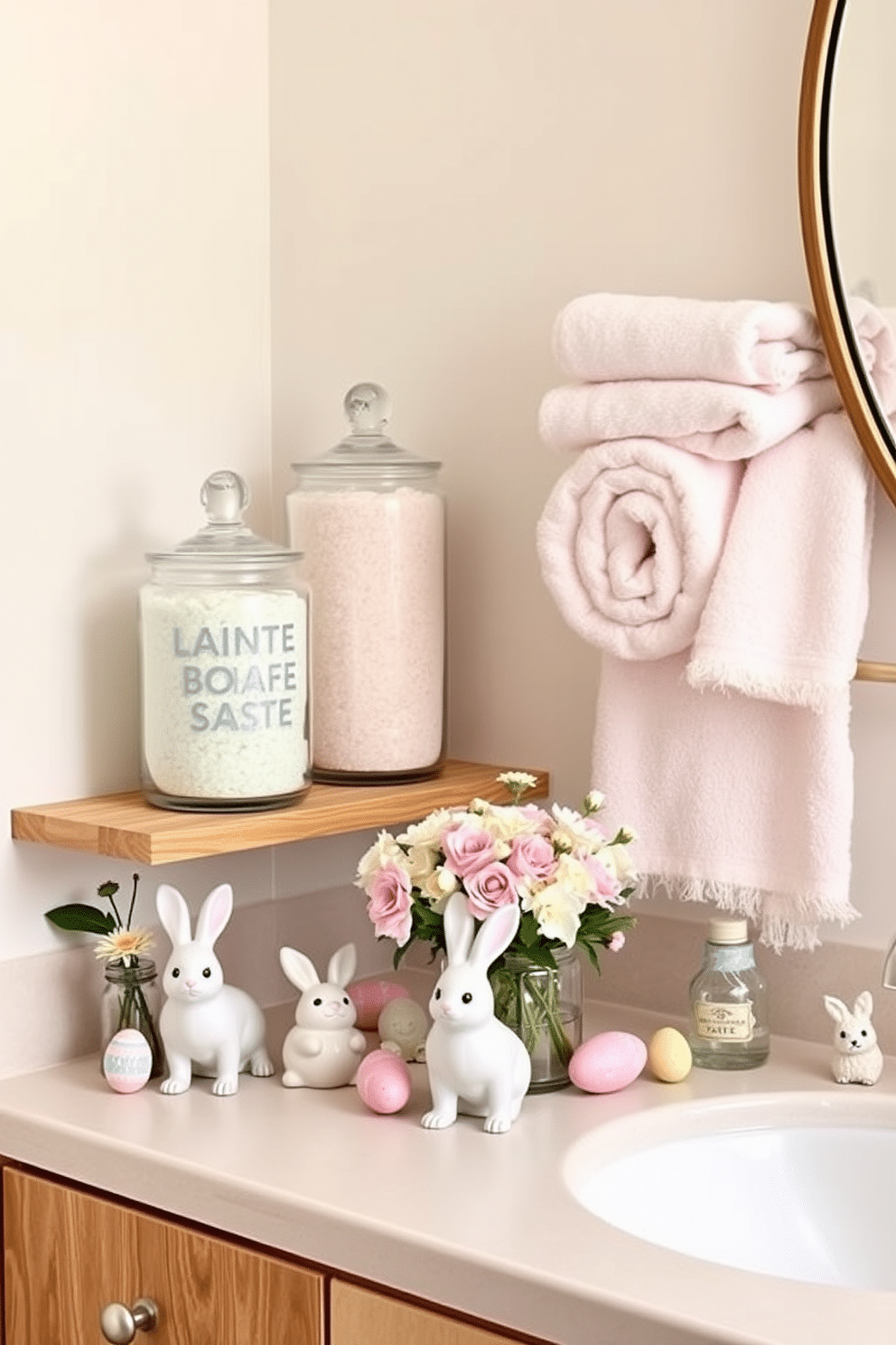 A serene bathroom setting filled with pastel-colored bath salts displayed in elegant glass jars on a wooden shelf. Soft, fluffy towels in coordinating pastel hues are neatly arranged nearby, enhancing the tranquil atmosphere. Easter decorations add a festive touch, with delicate floral arrangements featuring spring blooms placed on the countertop. Whimsical bunny figurines and colorful eggs are scattered tastefully around the space, creating a cheerful and inviting ambiance.