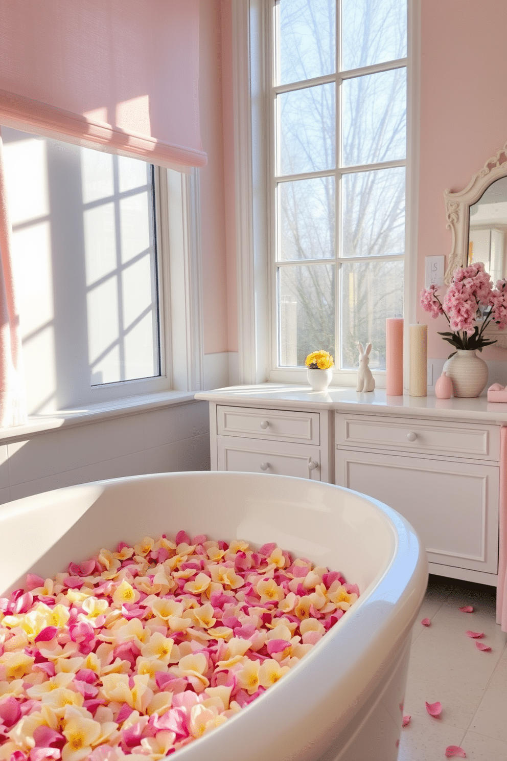 A serene bathroom setting adorned with spring flower bath petals scattered across a white porcelain tub. Soft pastel colors dominate the space, with light pink and lavender accents complementing the fresh blooms. Easter decorations add a festive touch, featuring delicate bunny figurines and pastel-colored candles on the vanity. A large window allows natural light to flood in, illuminating the cheerful decor and enhancing the tranquil atmosphere.