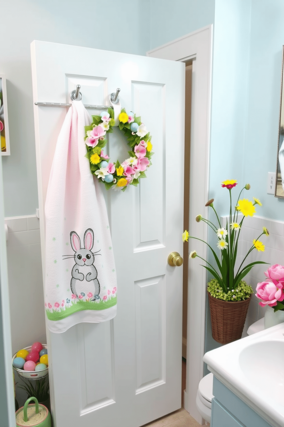 A charming bathroom adorned with Easter-themed bath towels, featuring pastel colors and playful bunny motifs. The towels are neatly hung on a decorative rack, complementing the soft, spring-inspired decor of the space. Brightly colored Easter decorations, including painted eggs and floral arrangements, are strategically placed around the bathroom. A cheerful wreath made of spring flowers hangs on the door, inviting a festive atmosphere.