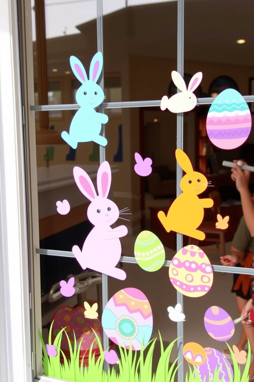 A whimsical Easter-themed window display features colorful bunny and egg clings adorning the glass panes, bringing a playful touch to the room. The vibrant decorations create a cheerful atmosphere, perfect for welcoming the spring season and celebrating the holiday. The bunnies, in various pastel shades, hop alongside intricately designed eggs, each showcasing unique patterns. This delightful arrangement not only enhances the window view but also adds a festive charm to the overall interior decor.