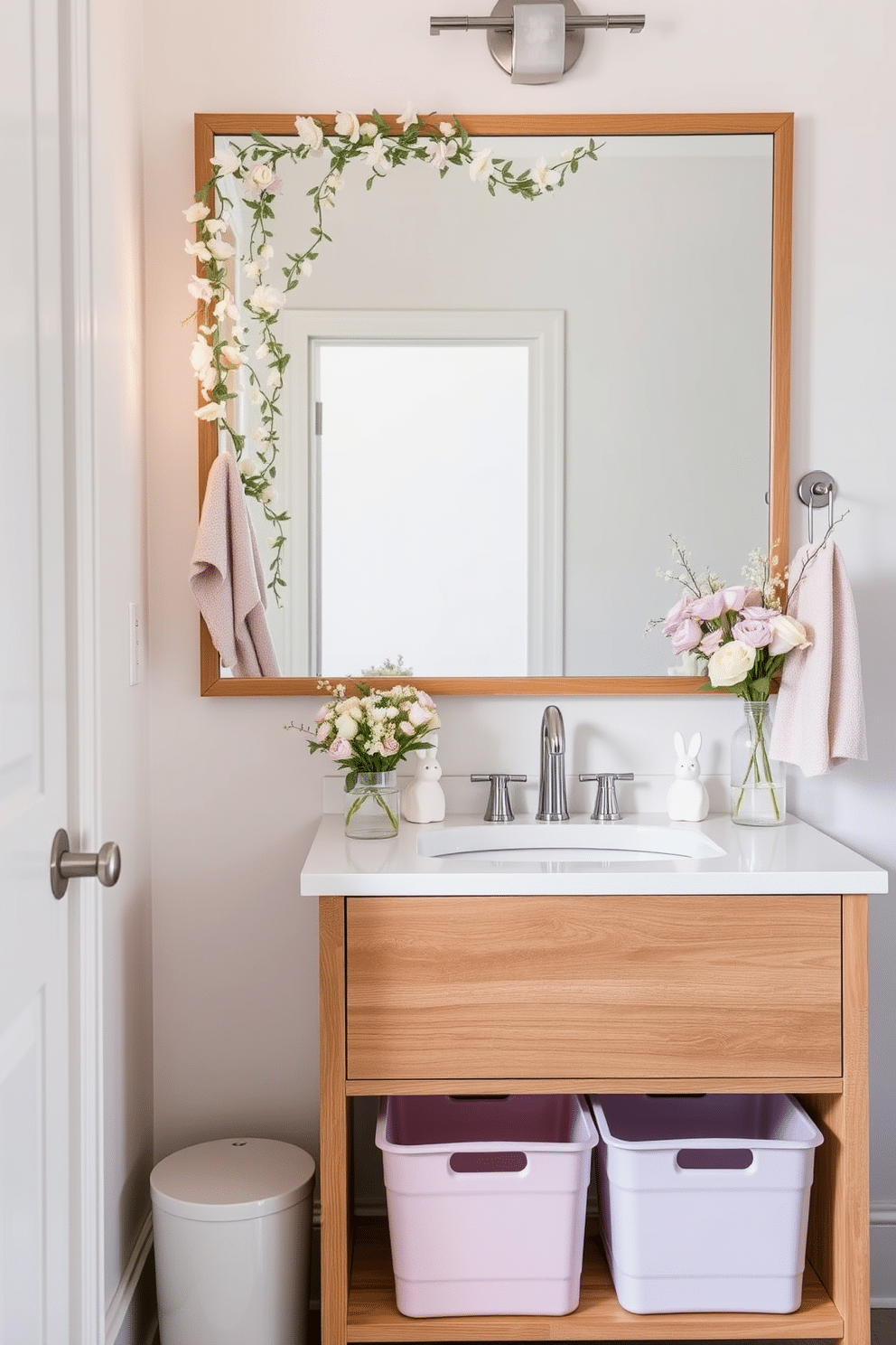 A serene bathroom scene featuring pastel-colored bins in soft pink, mint green, and lavender hues, neatly arranged under a stylish wooden vanity. The bins are made of eco-friendly materials and complement the overall calming aesthetic of the space. Easter decorations adorn the bathroom, with delicate pastel-themed accents such as a floral garland draped along the mirror and small ceramic bunnies placed on the countertop. A cheerful arrangement of fresh flowers in pastel shades adds a festive touch, enhancing the springtime ambiance.